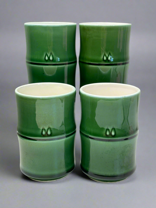 A015 Set of Four Japanese Ceramic Yunomi Teacup Vintage Pottery Bamboo Green