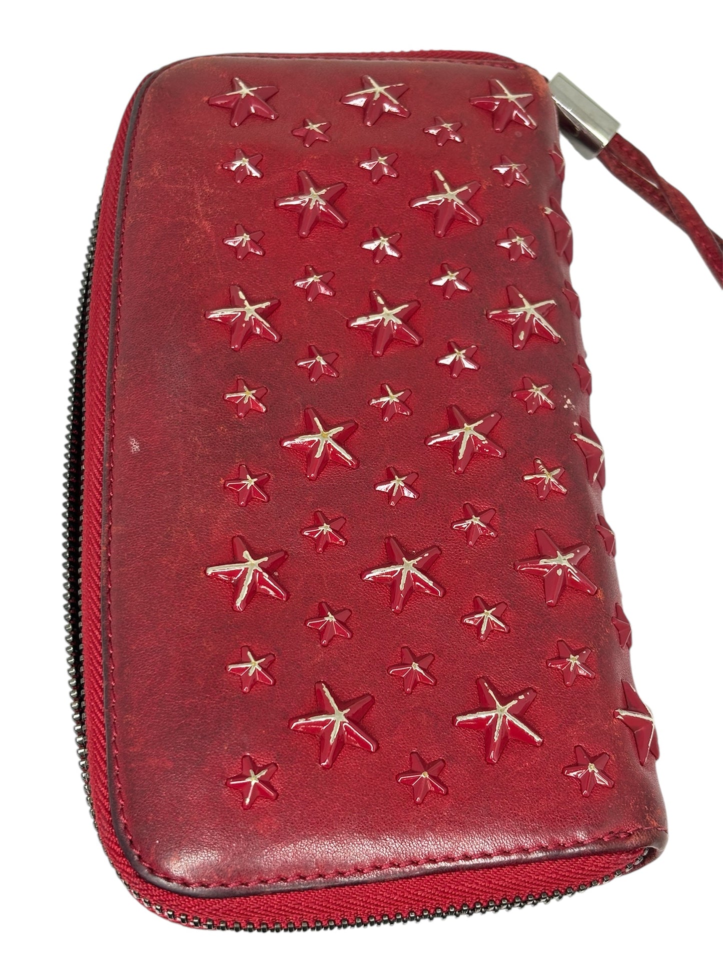 Authentic Jimmy Choo Rebel collection, mid-2010s Red Star-Studded Leather Zip-Around Wallet