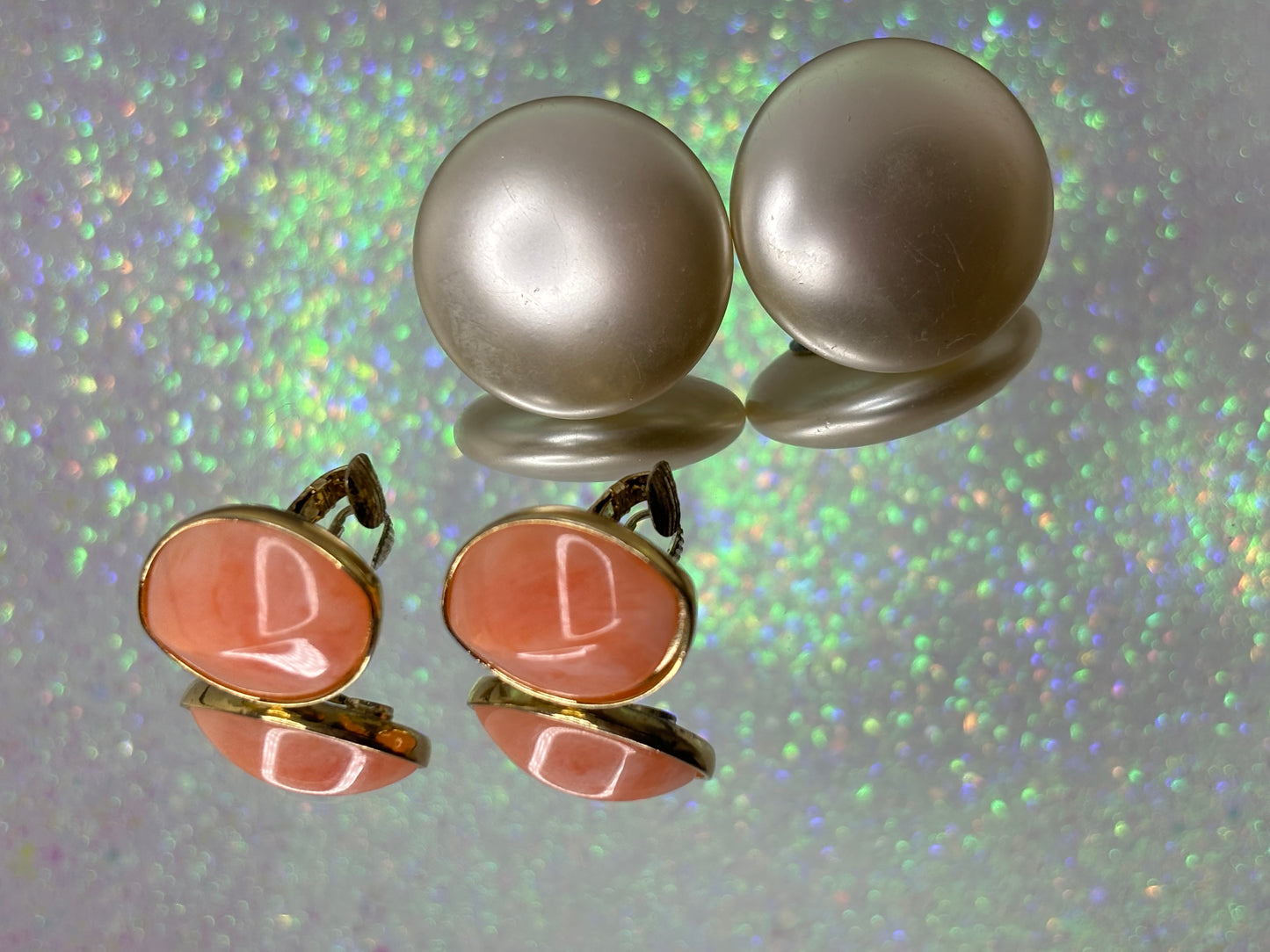 #0164 Set of Large Pearl and Pink Clip On Earrings