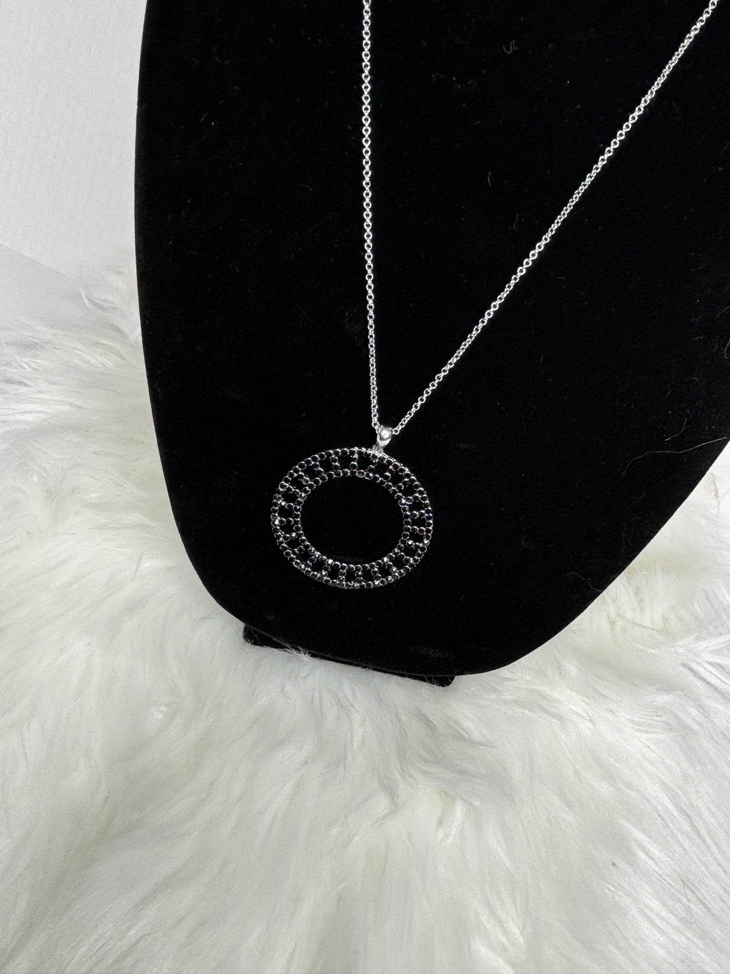 A248 Silver Tone and Black Circle Necklace 28”