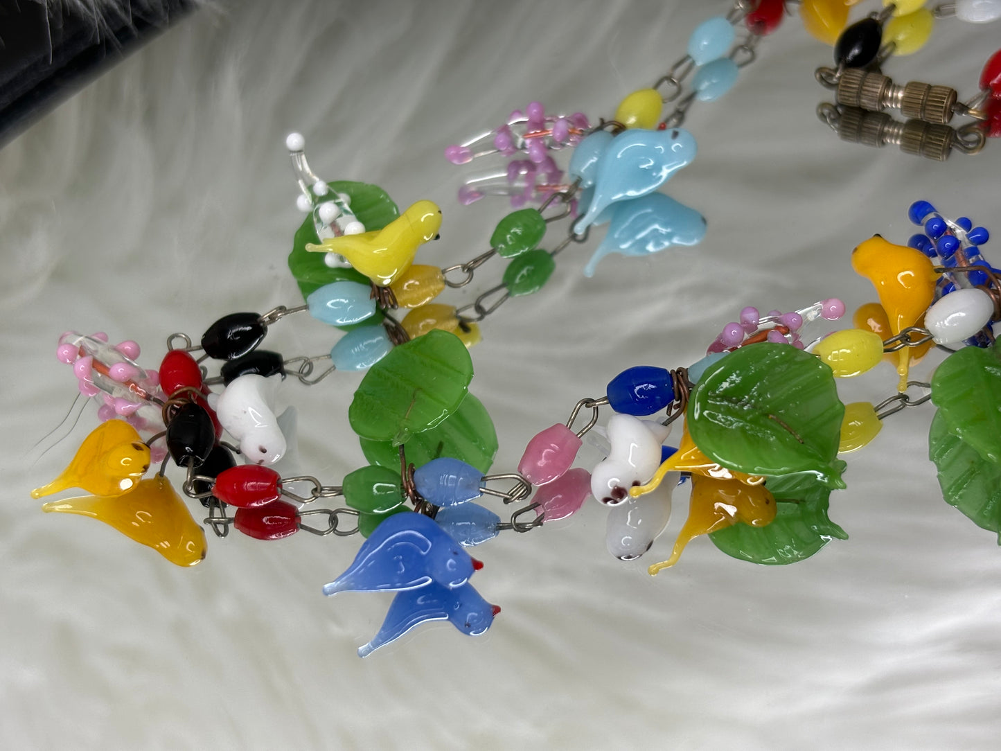 A142 Vintage Murano Glass Colorful Birds - Leaves - and Blossoms Necklace c1930s