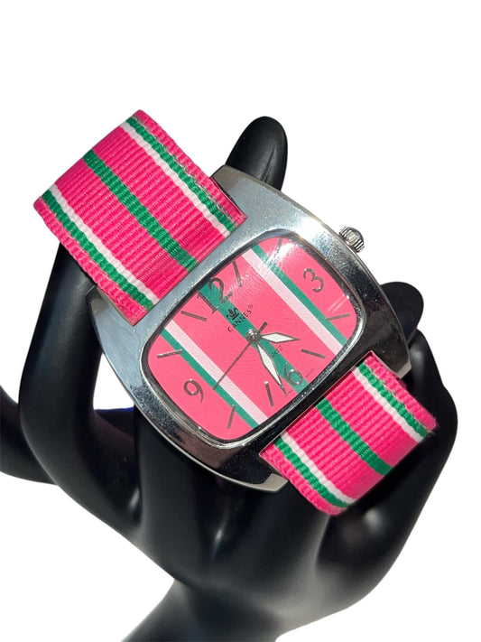 Cannes Pink & Green Striped Quartz Watch - New Battery