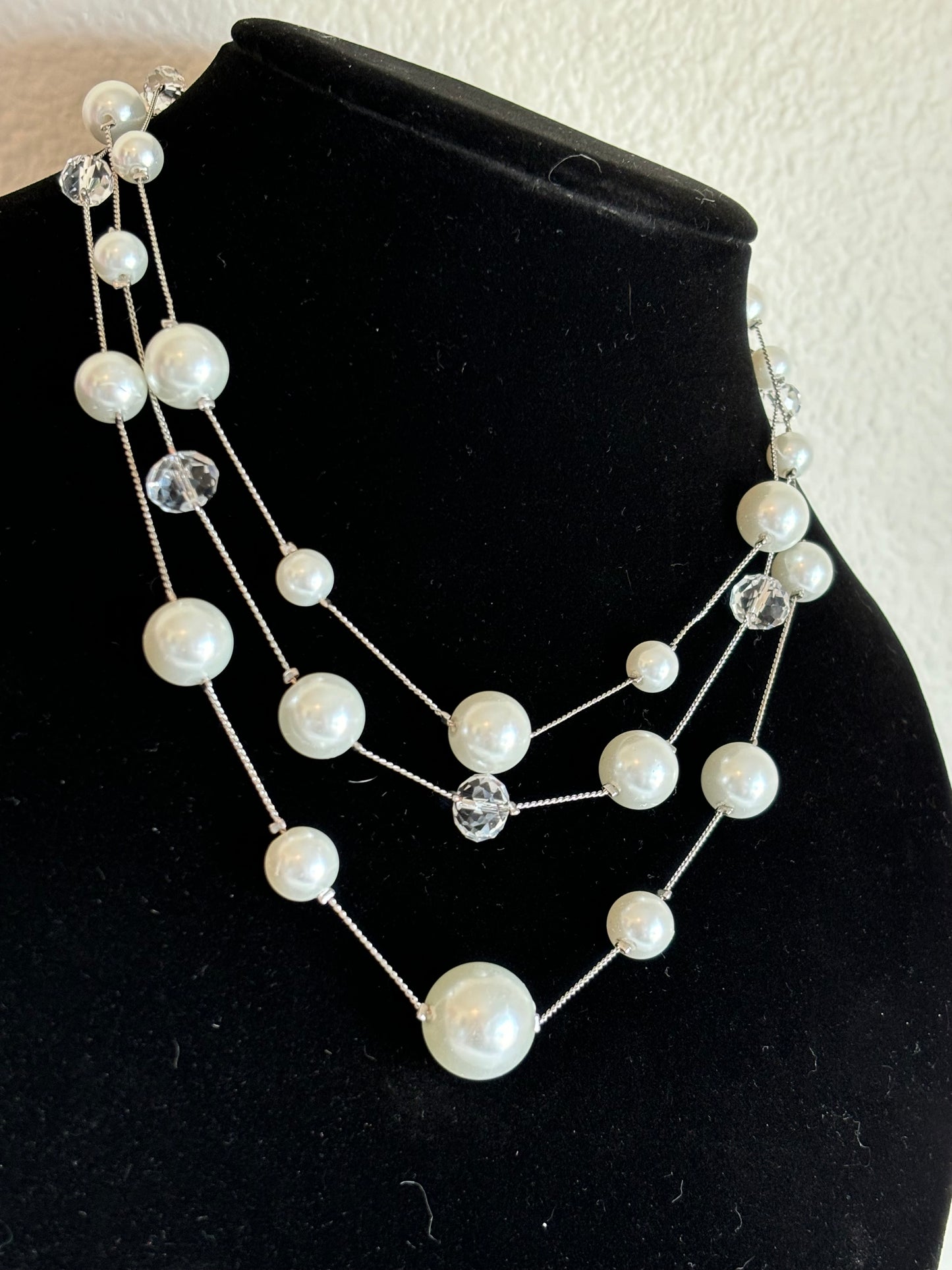 #0092 Silver Toned Pearl and Beaded Multi-Layered Necklace