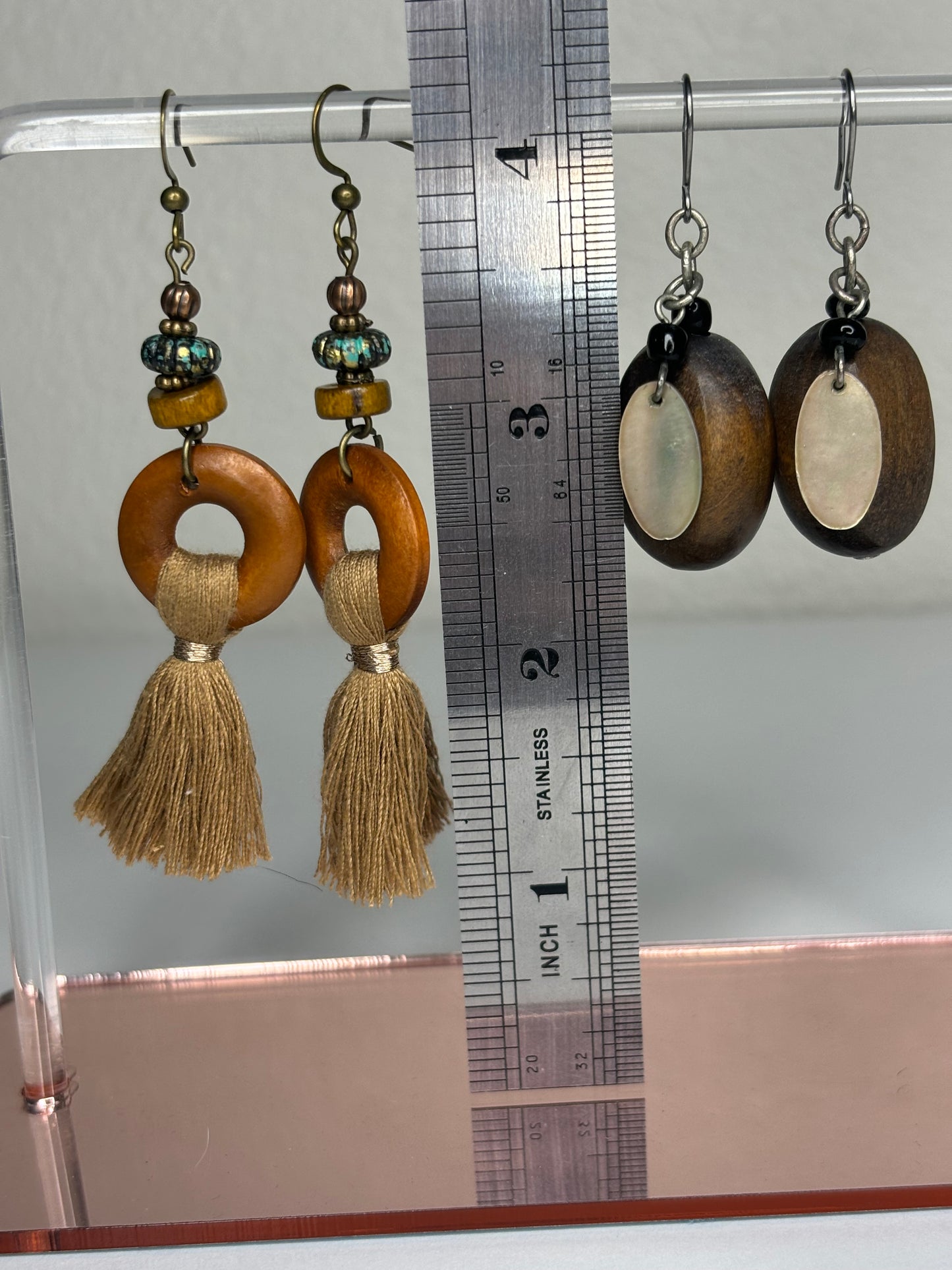 Wood and Beaded Drop Earrings