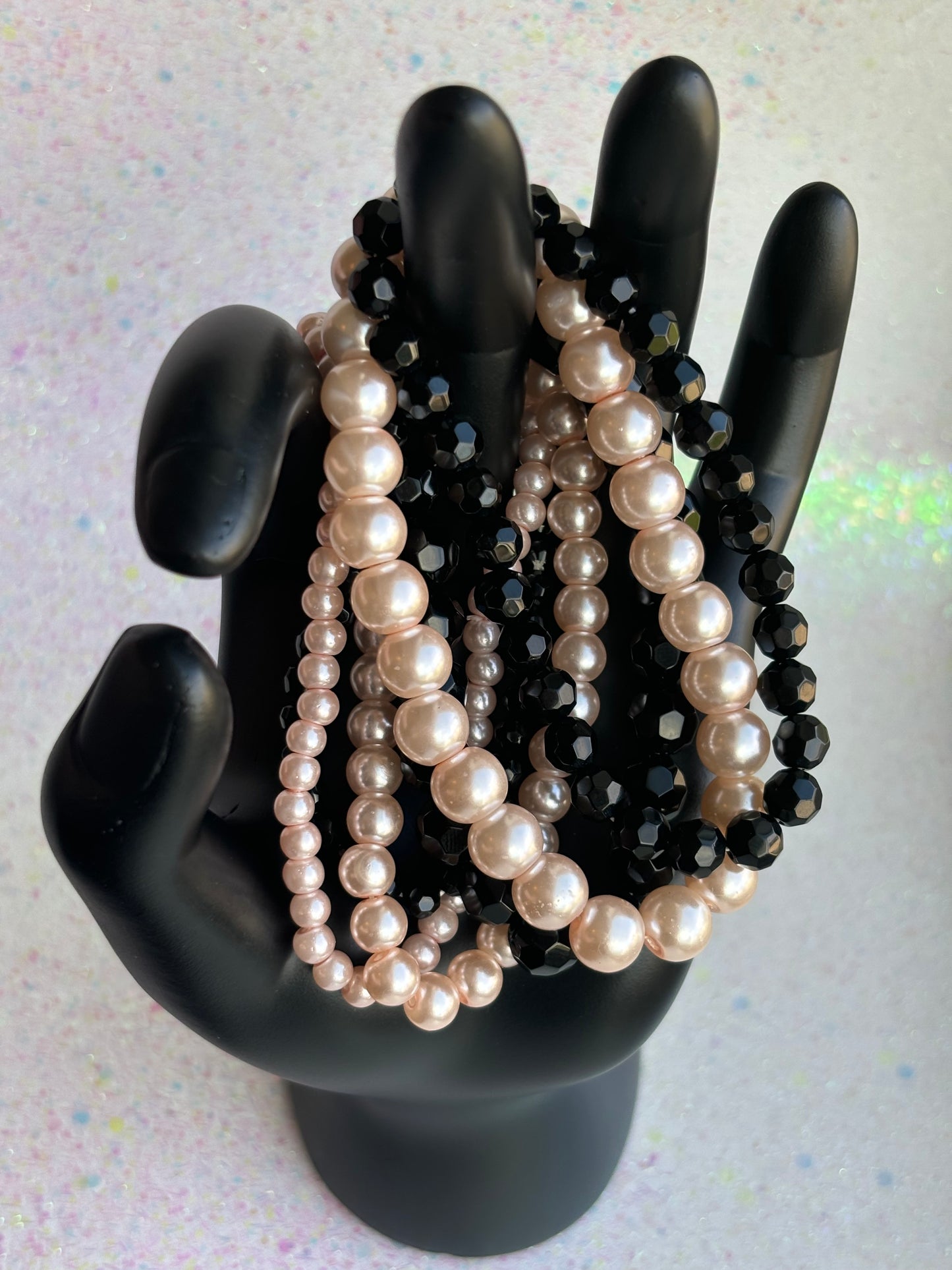 #0072 Stack of Black & Pink Pearls/Beads