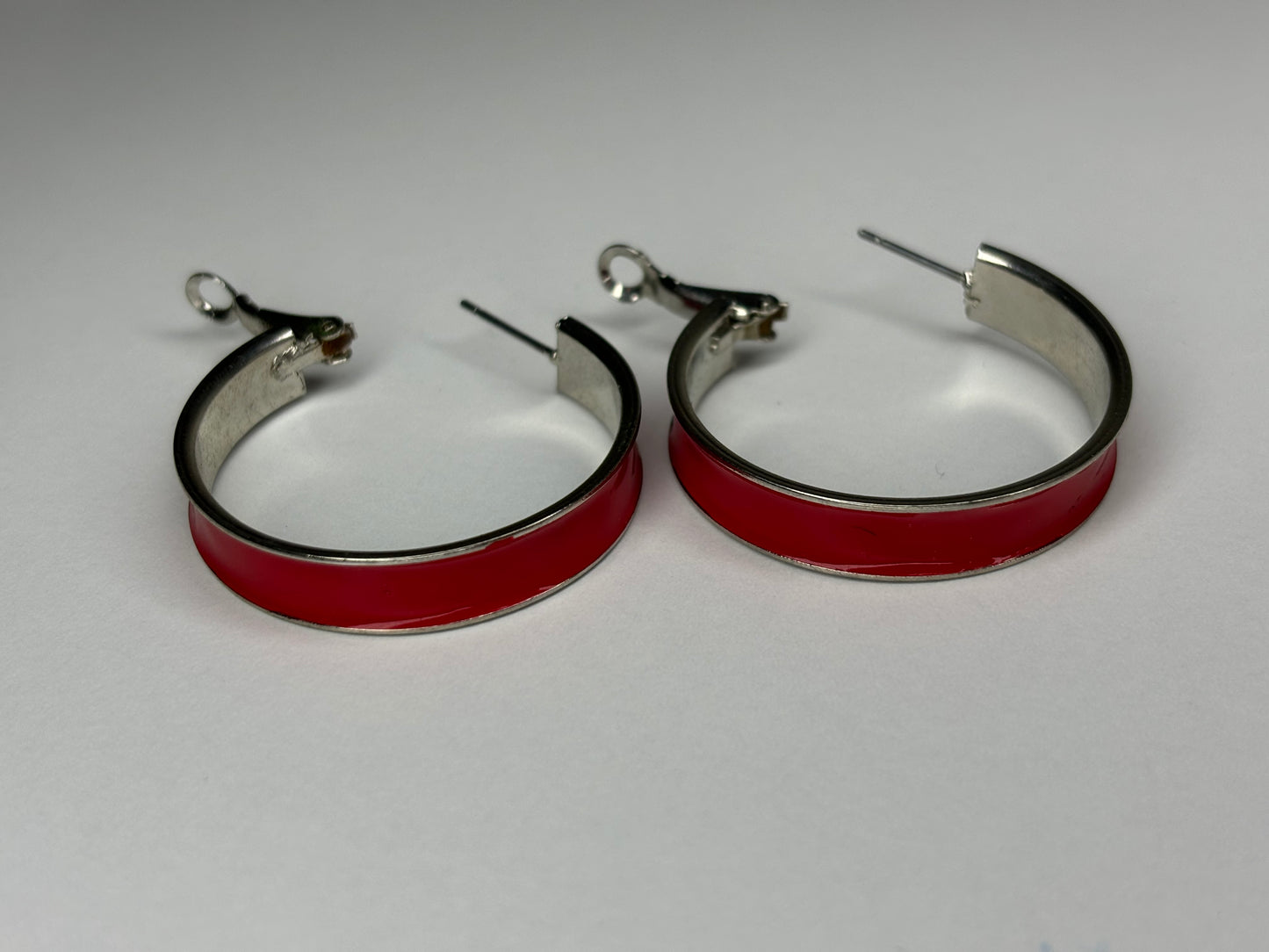 Red 1.5” Hoop Silver Tone Earrings