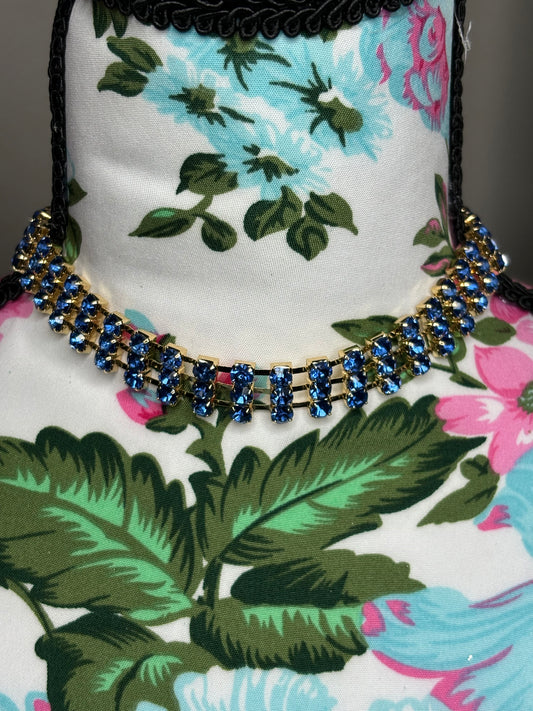 A191 Gold Tone and Blue Rhinestone Choker/Necklace  14”