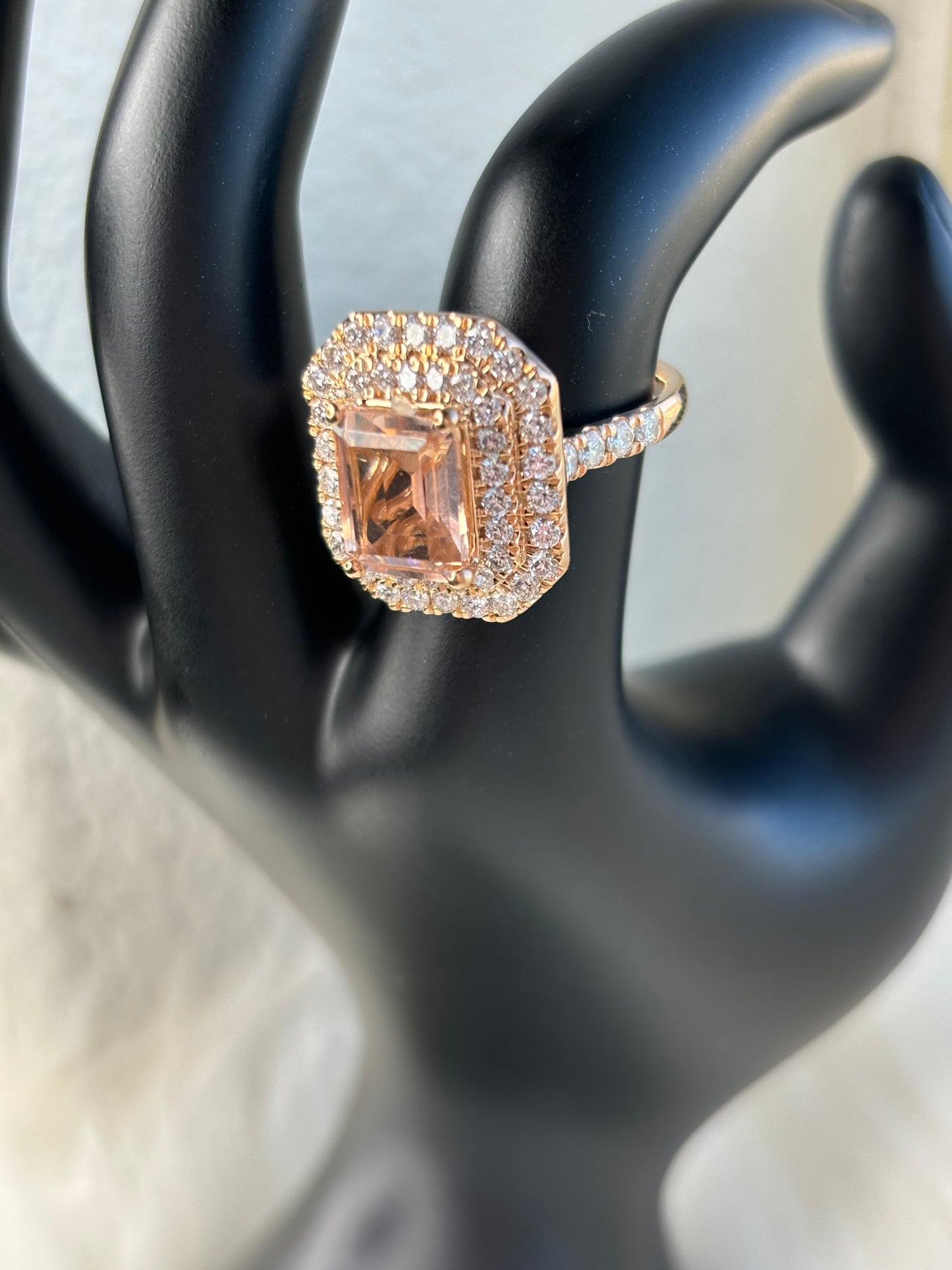 Emerald Cut 4.65 ct Lab Morganite & Diamond Ring Sterling Silver With 14k Rose Gold Overlay Sz 6.75