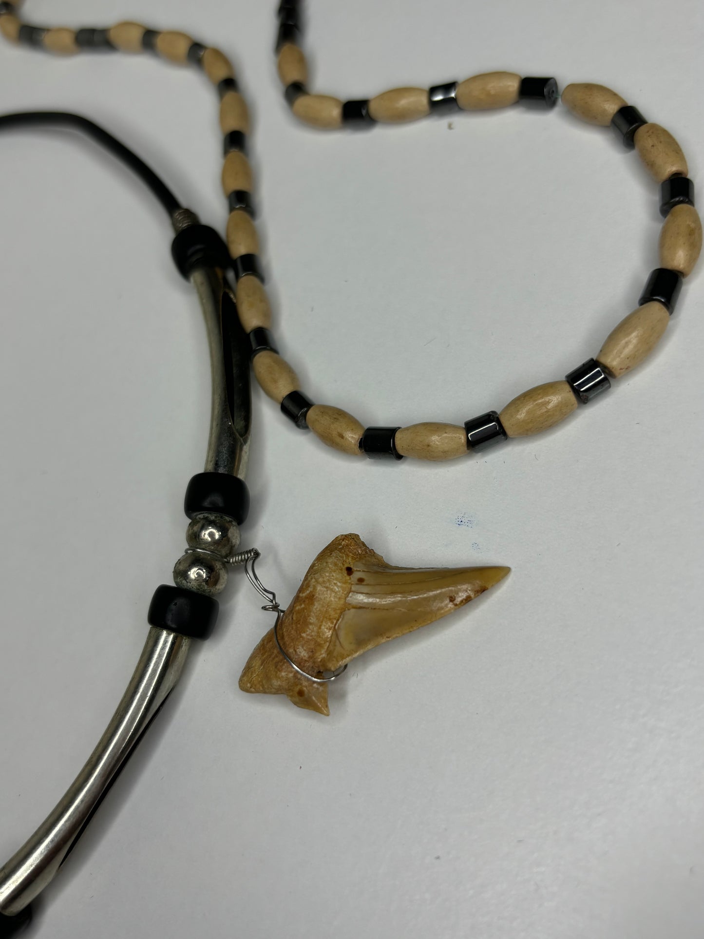 Set of Shark Tooth & Wood Beaded Necklace 16”