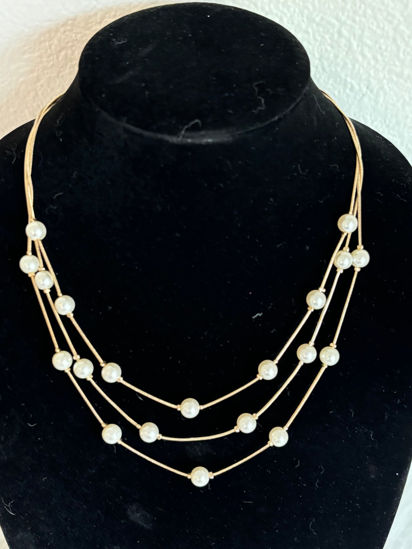 #0084 Elegant Gold Tone and Pearl Multi-Layer Necklace