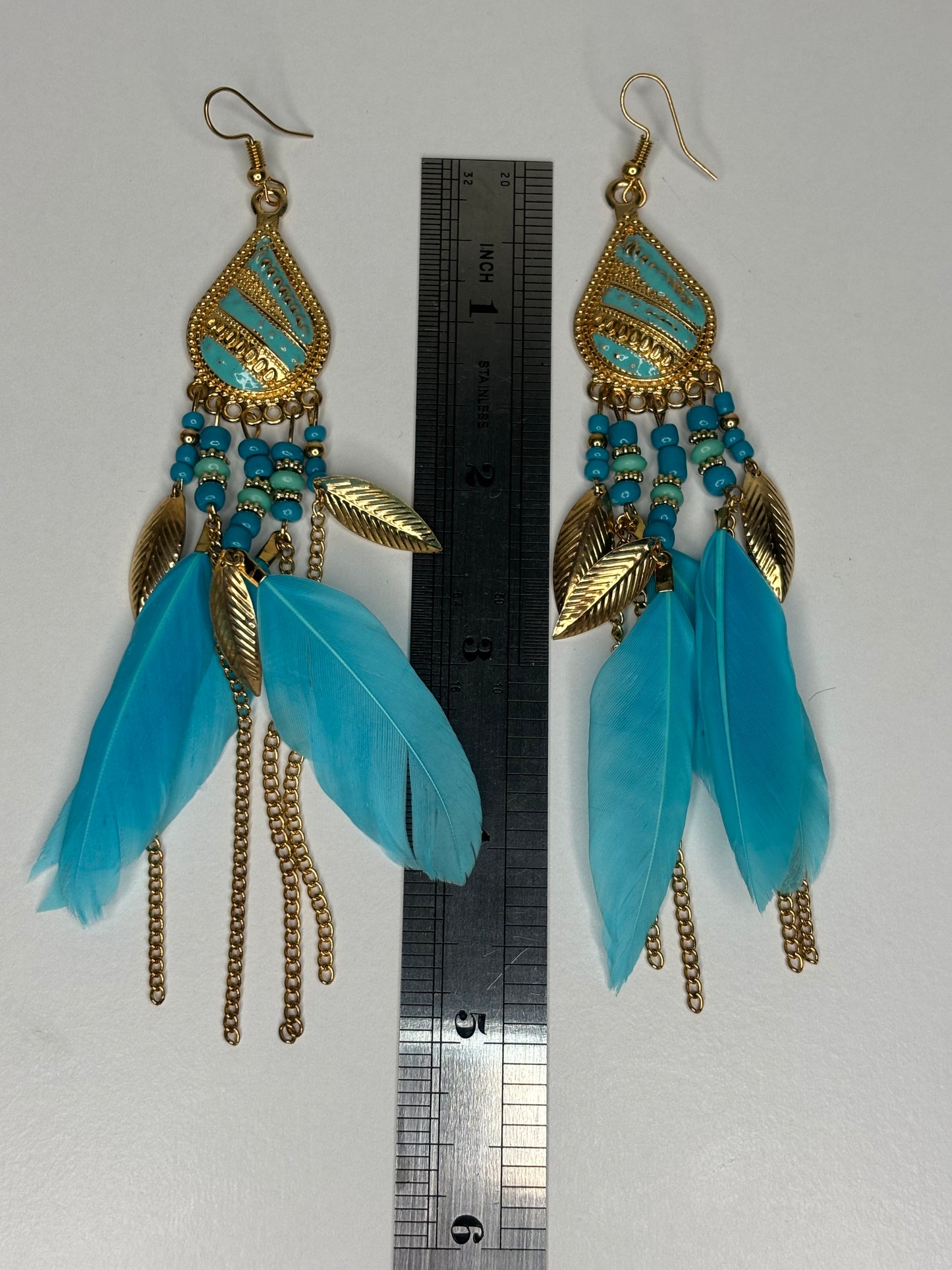 Long 4” Gold Tone and Feather Earrings