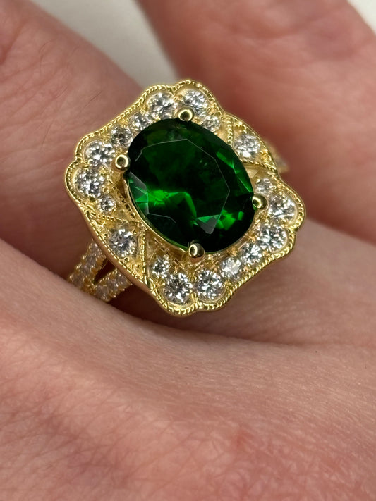 Sterling Silver w/Gold Overlay 2.07 ct Lab Emerald & Diamond Ring Sz 7