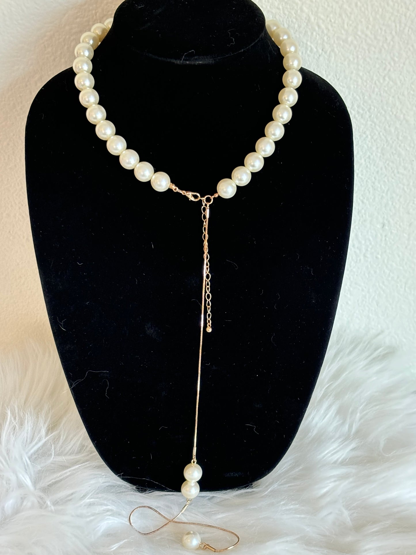 #0106 Faux Pearl Necklace with Long Gold Chain Drop on Back