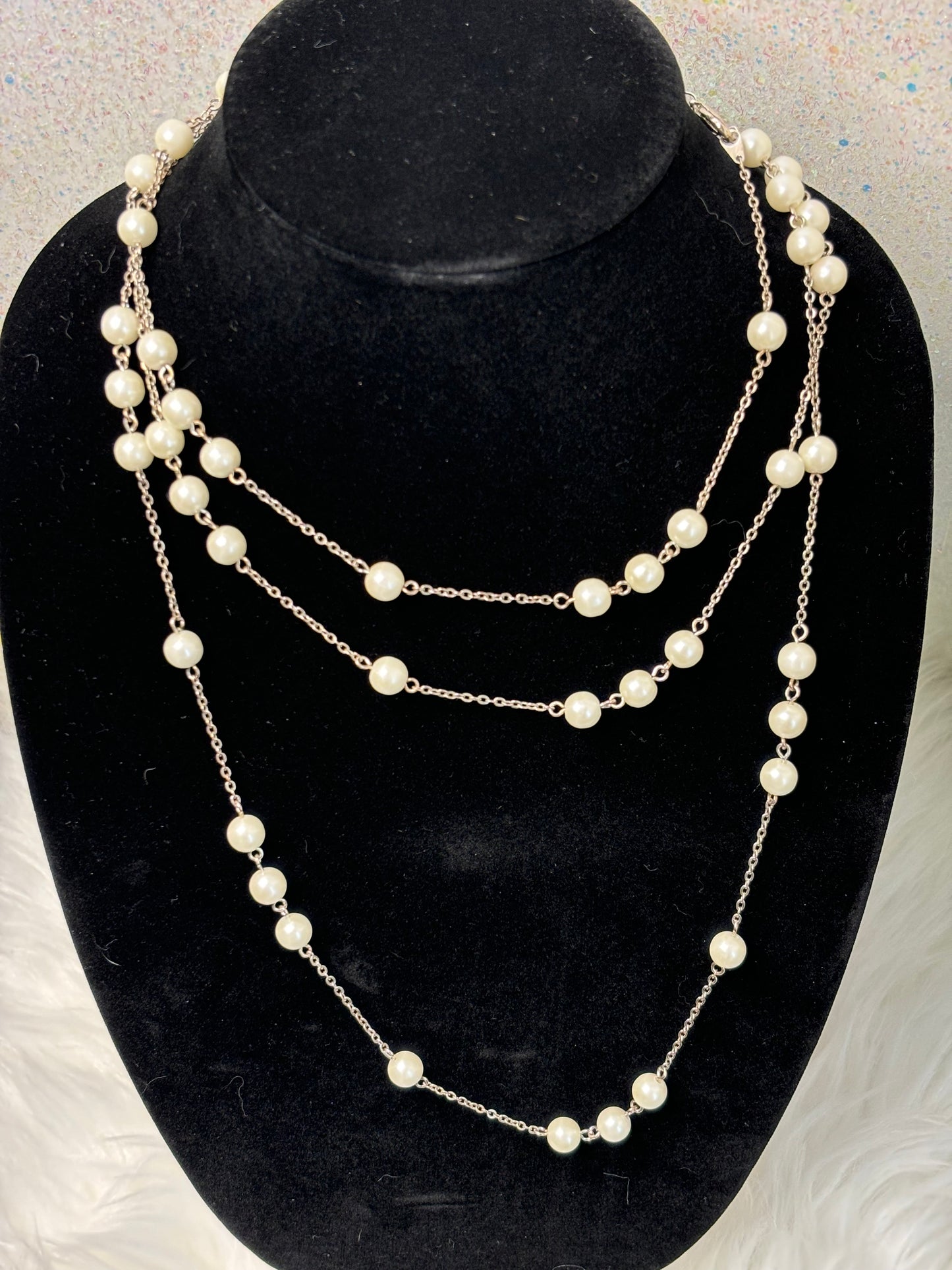 #0117 31” Silver Toned Faux Pearl Necklace