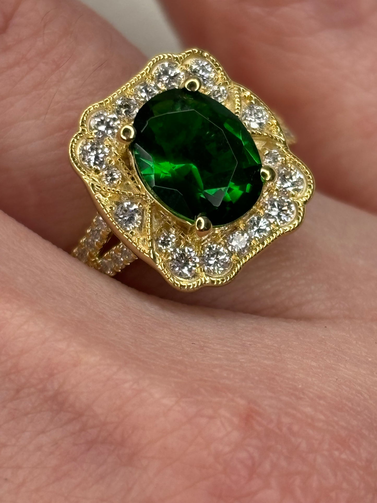 Sterling Silver w/Gold Overlay 2.07 ct Lab Emerald & Diamond Ring Sz 7