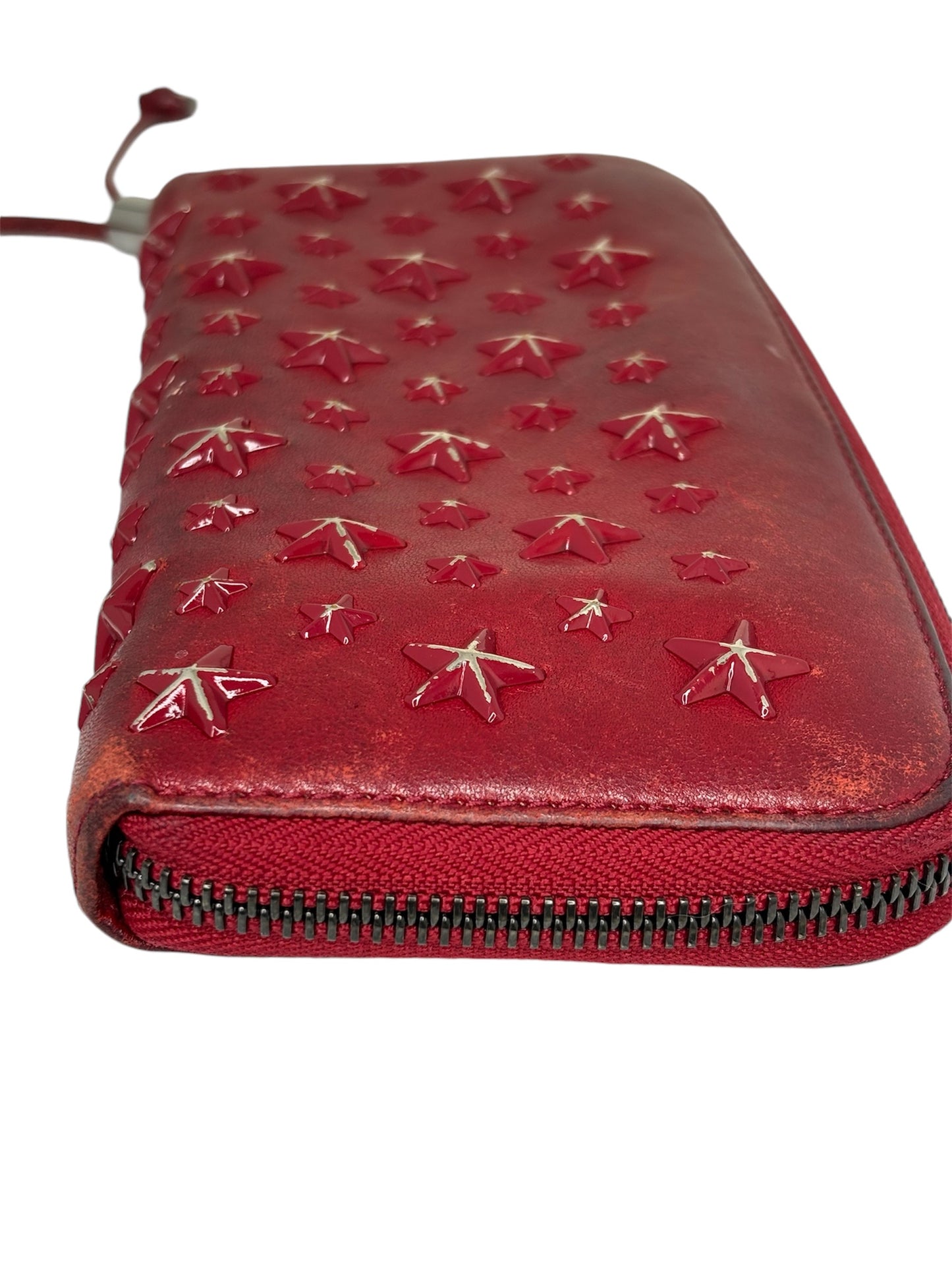 Authentic Jimmy Choo Rebel collection, mid-2010s Red Star-Studded Leather Zip-Around Wallet