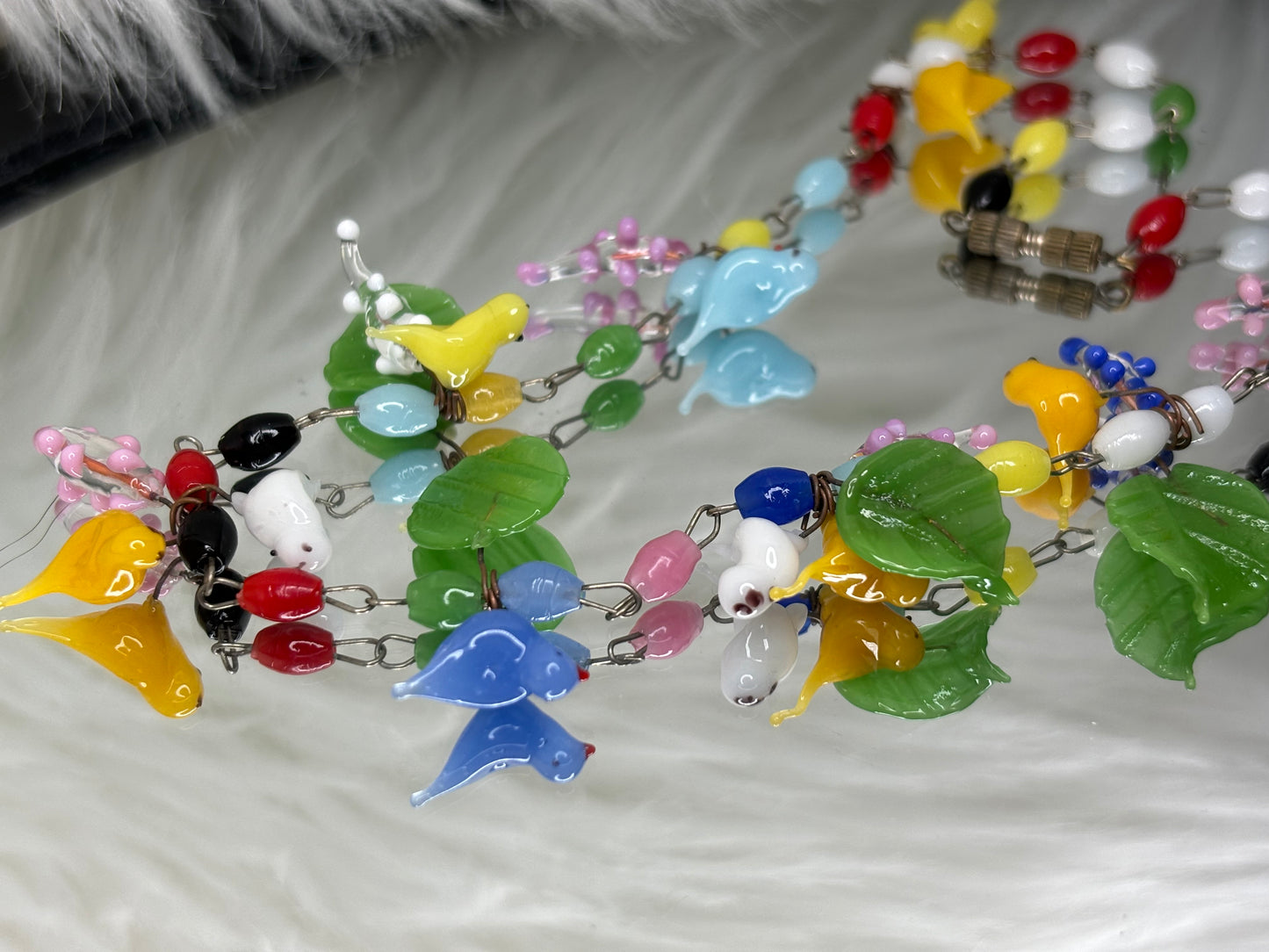 A142 Vintage Murano Glass Colorful Birds - Leaves - and Blossoms Necklace c1930s