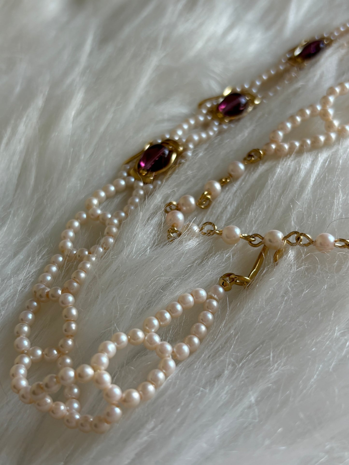 #0013 Gold Toned and Pearl Choker with Purple Glass Beads