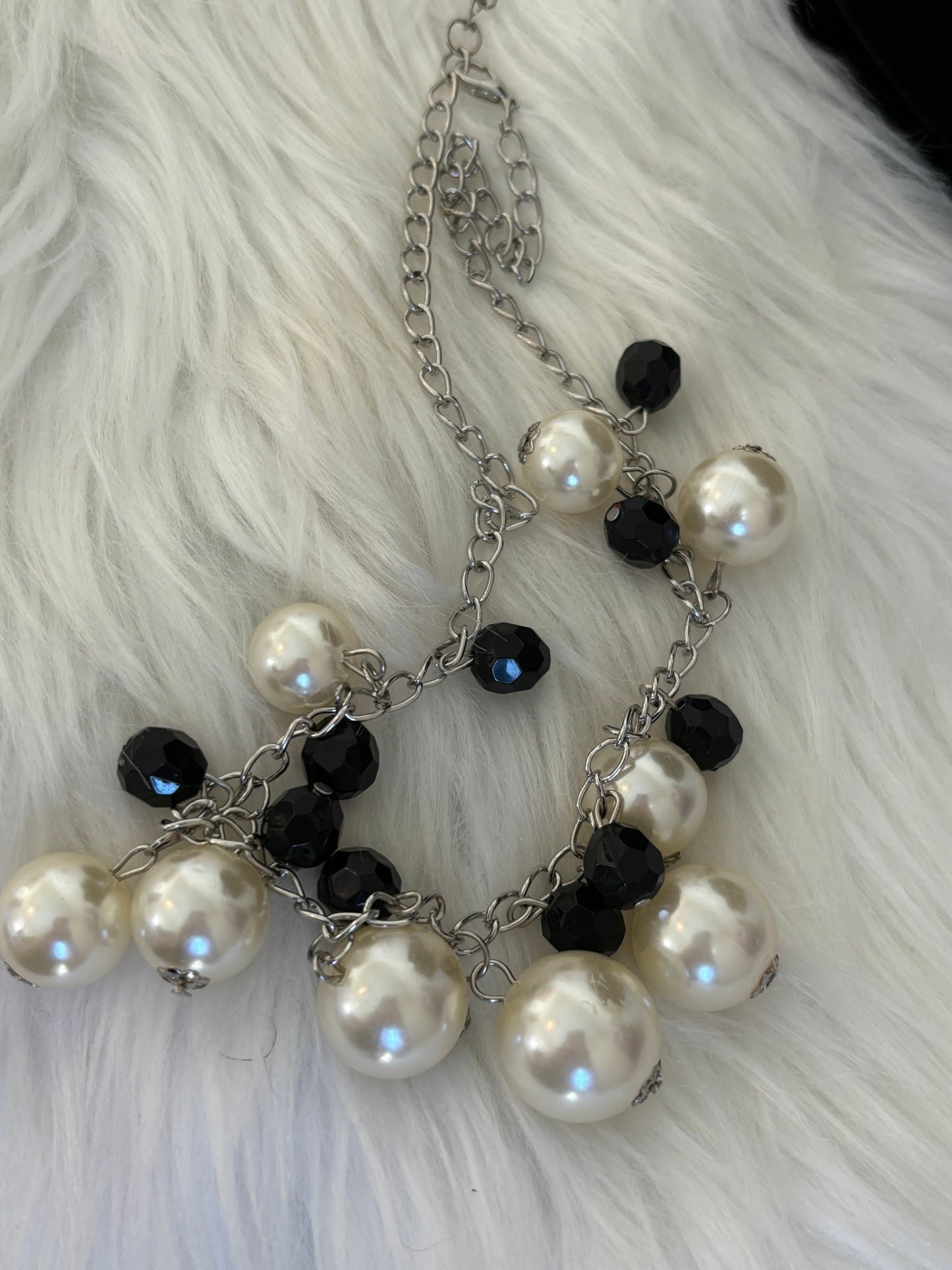 #0078 Silver Toned with Pearls and Black Beads Necklace