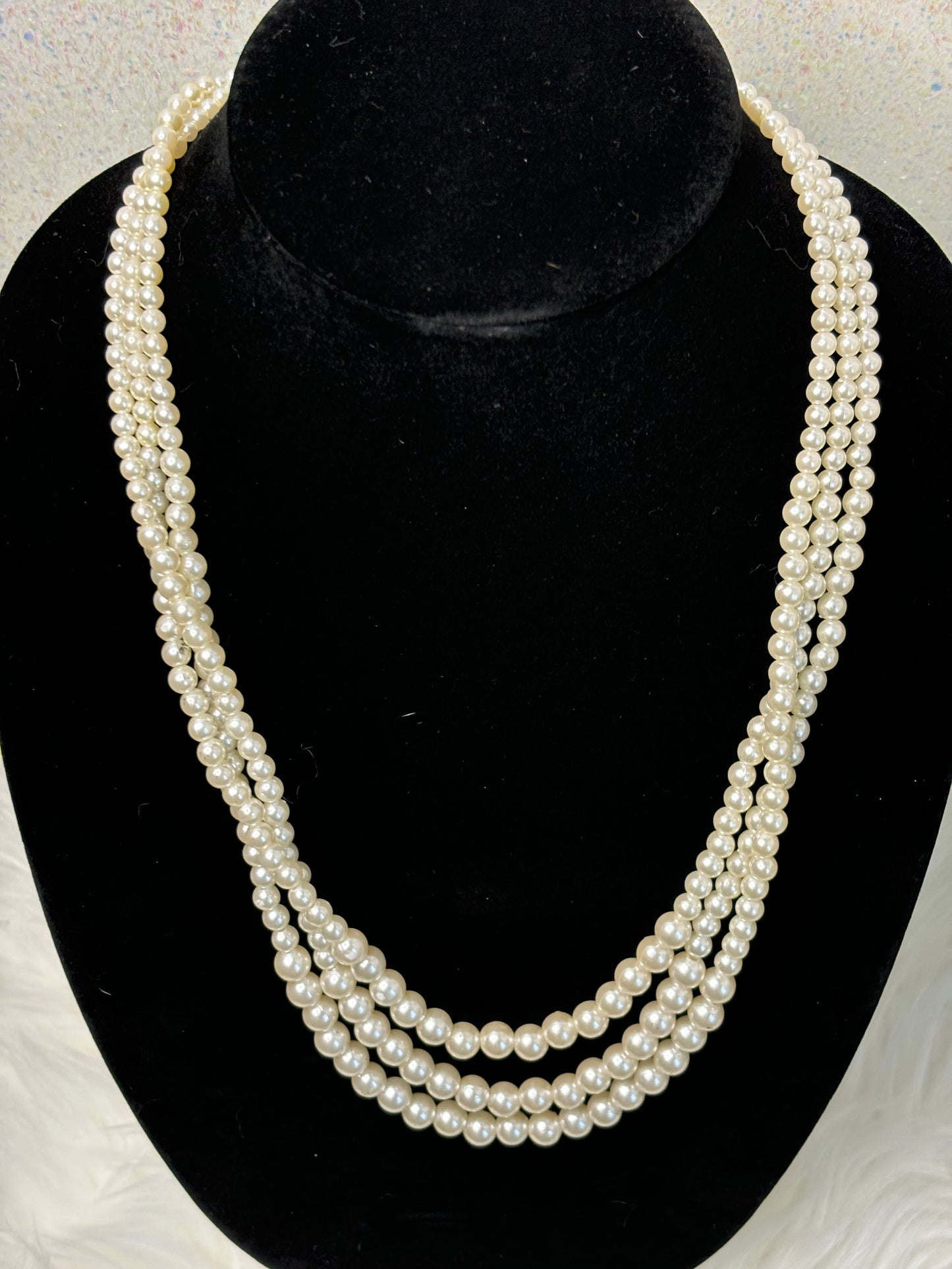 #0104 Three Strand Faux Pearl Necklace Light weight