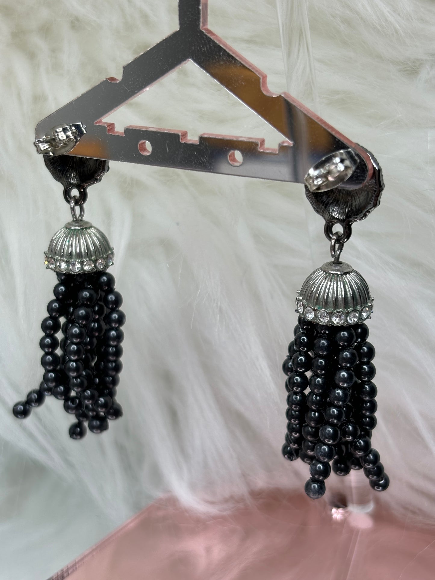 A151 Black Beaded Tassel Silver Tone Earrings