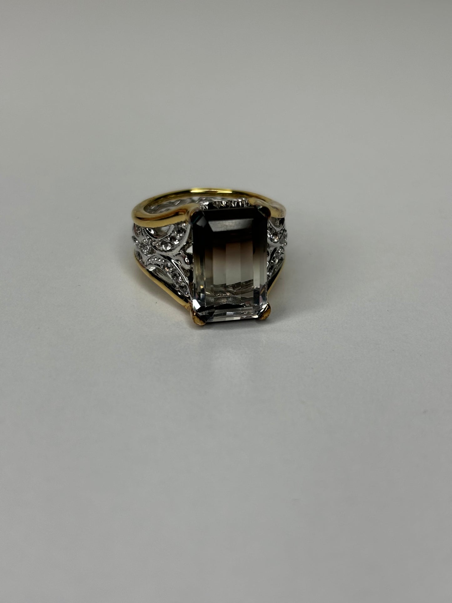 B038 1990s Gold Plated 925 Silver Emerald Cut Ombre Smoky Black Quartz Ring