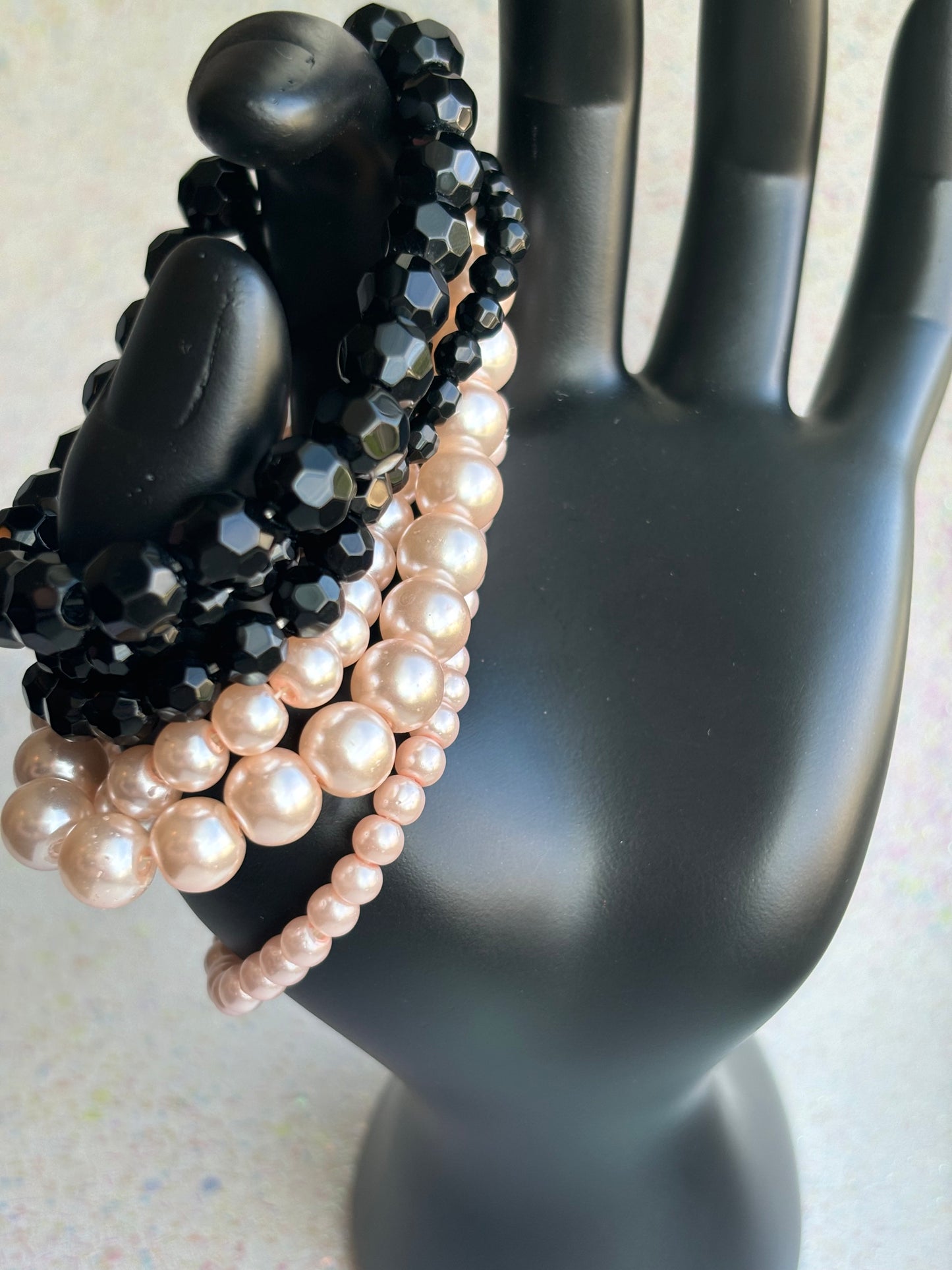 #0072 Stack of Black & Pink Pearls/Beads