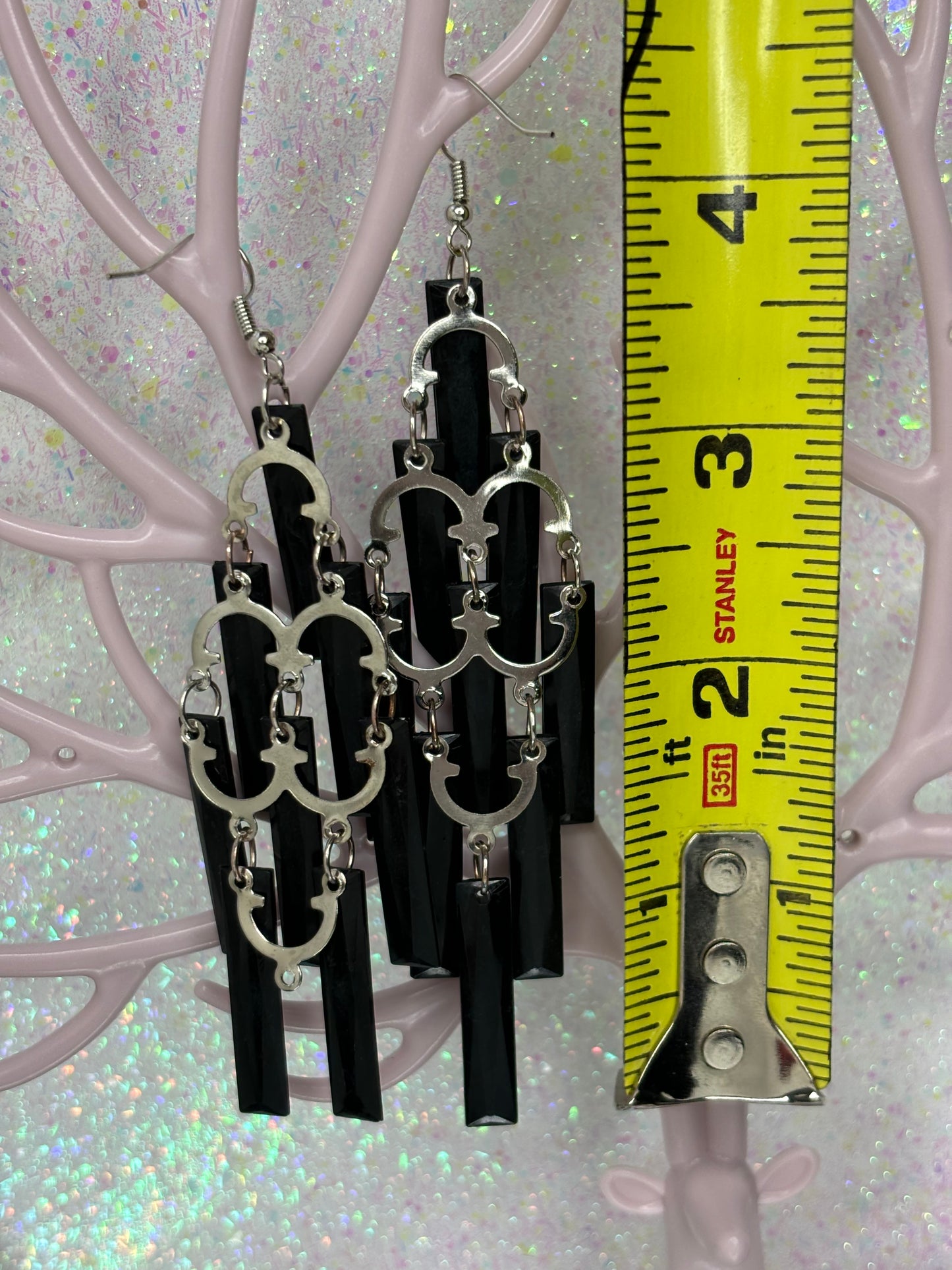 A001 Black Silver Toned Drop Chandelier Earrings