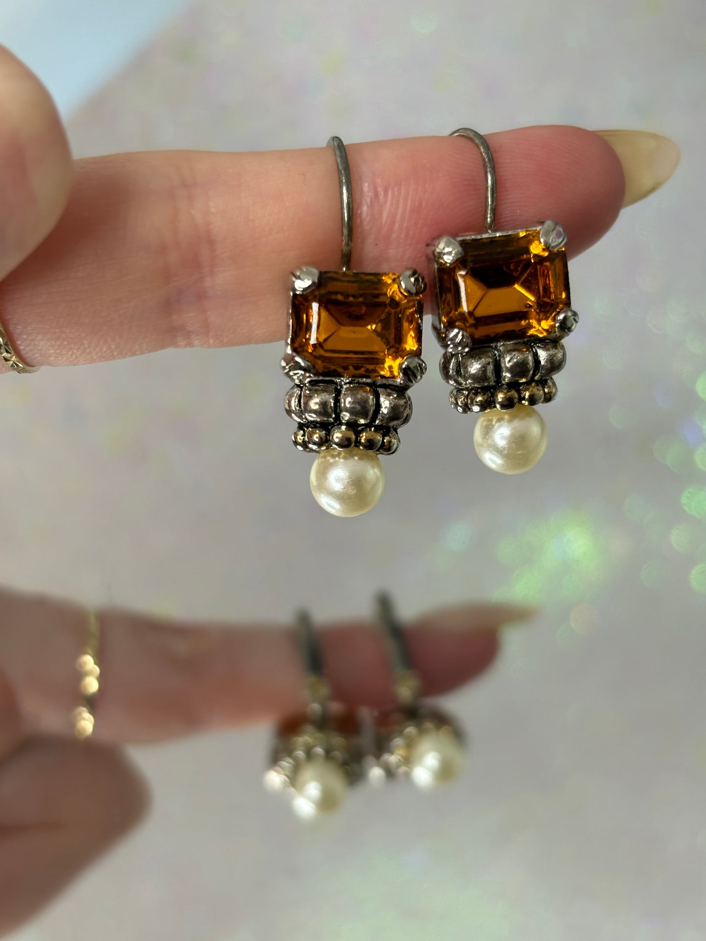 #1066 Baroque Style Pearl and Orange Rhinestone Earrings