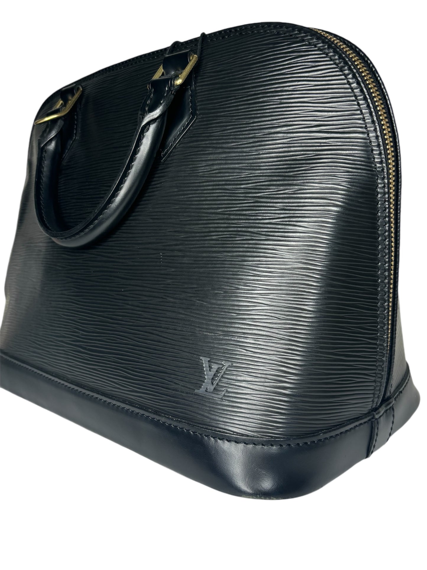 Authentic Louis Vuitton 1997 Black Epi Alma Handbag with LV Brass Lock and Two Keys AR0062