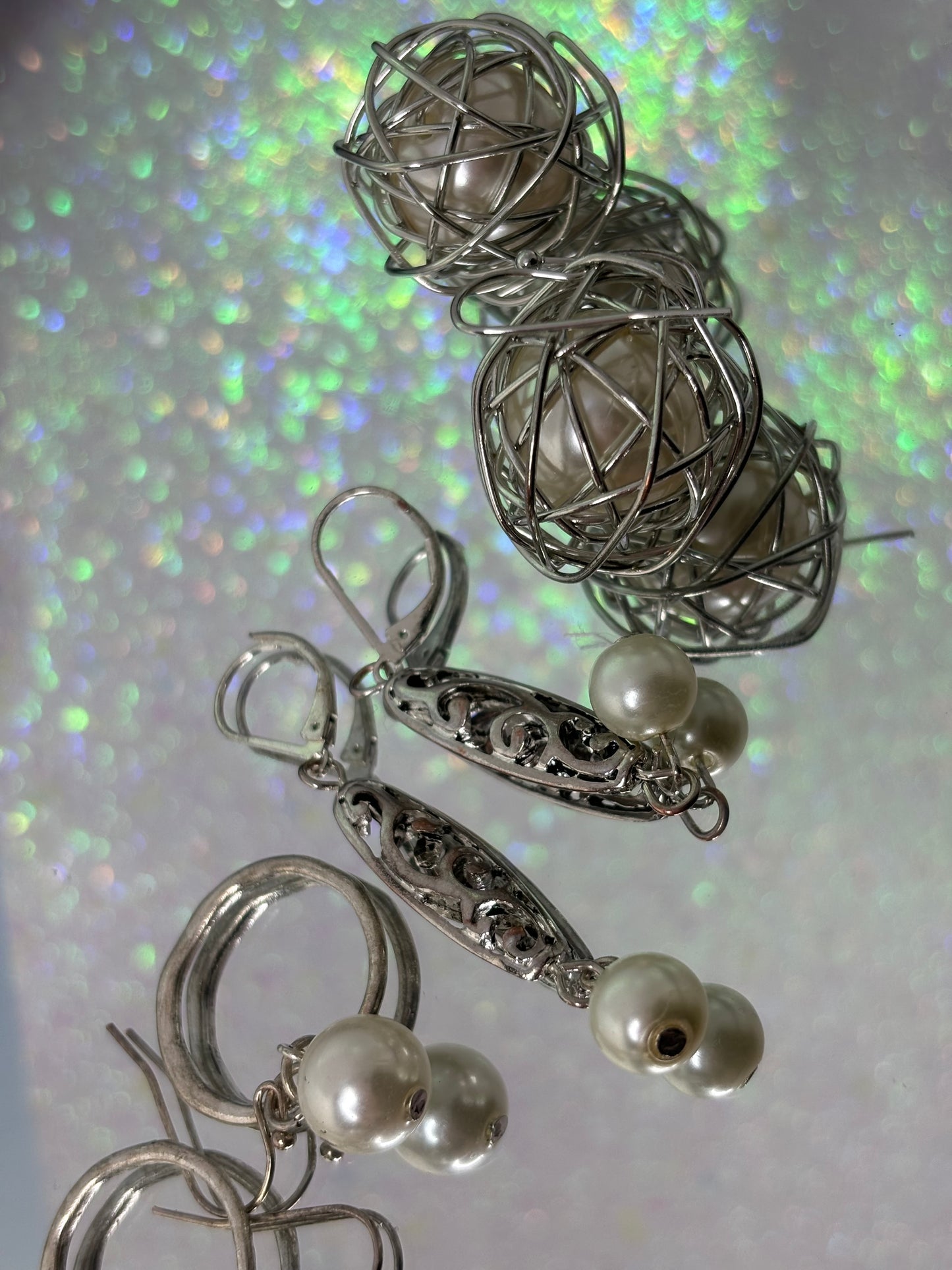 #0159 Set of Pearl and Silver Toned Earrings