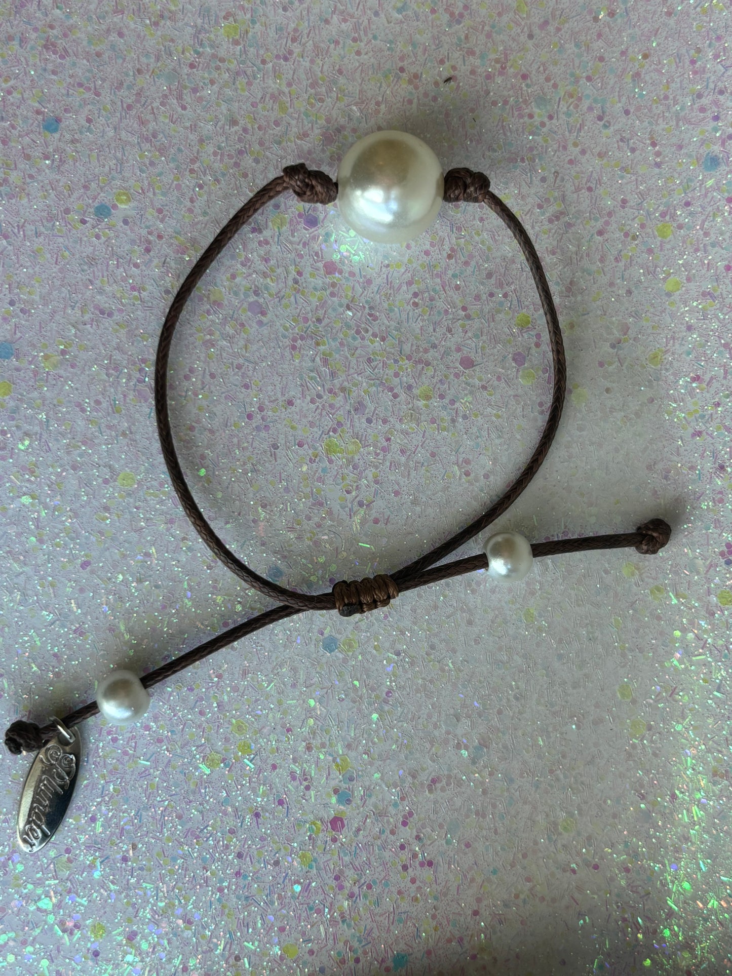 #0094 Signed Plunder Designs Slider Leather and Pearl Bracelet