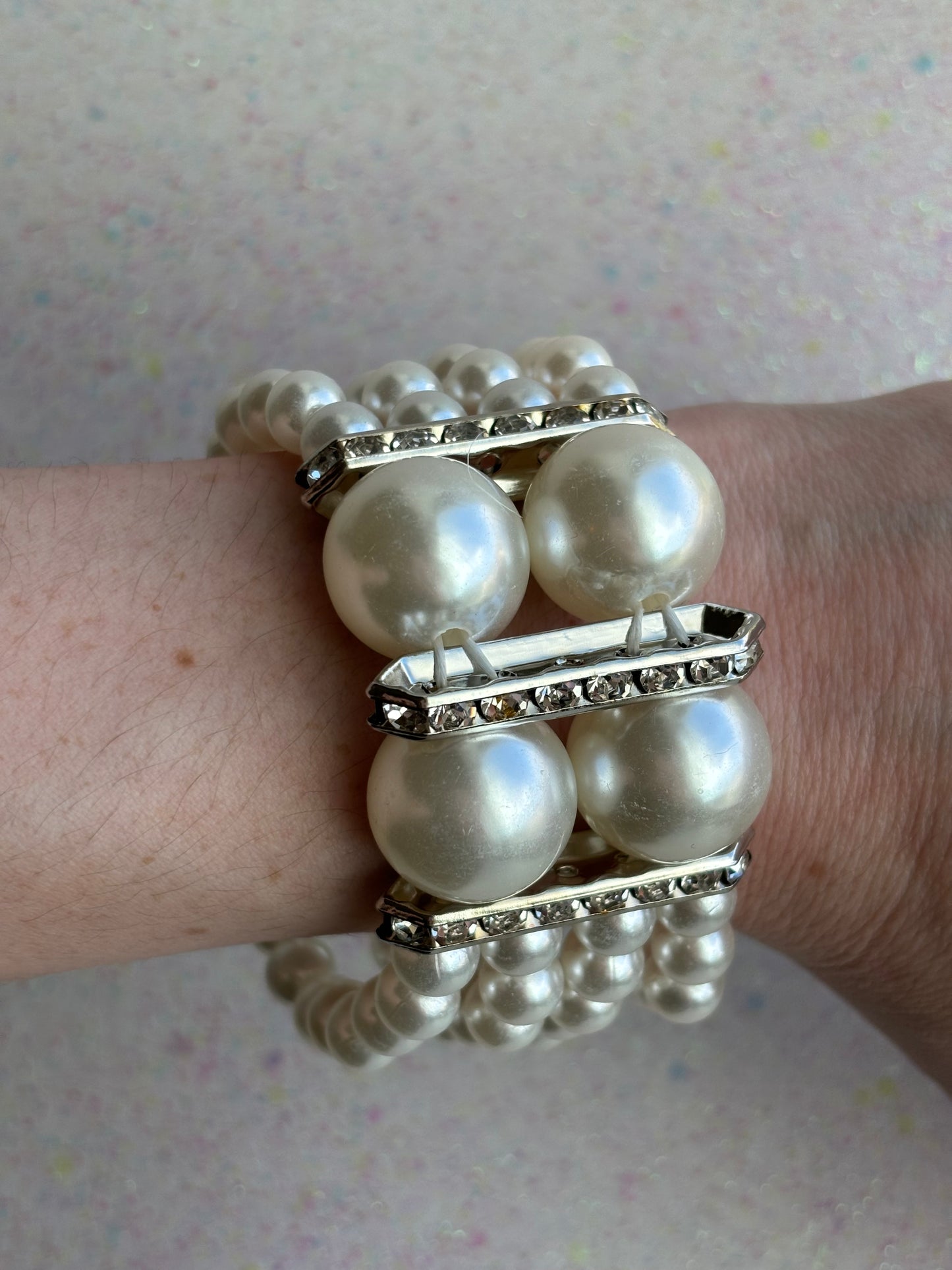 #0059 Large Faux Pearl Bracelet with Rhinestones#