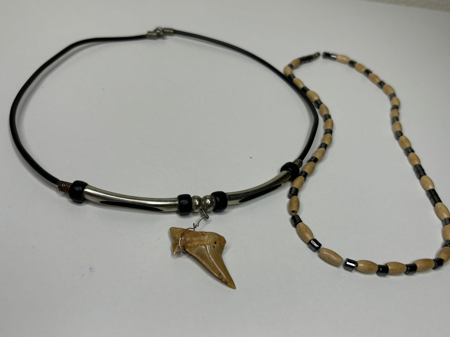 Set of Shark Tooth & Wood Beaded Necklace 16”