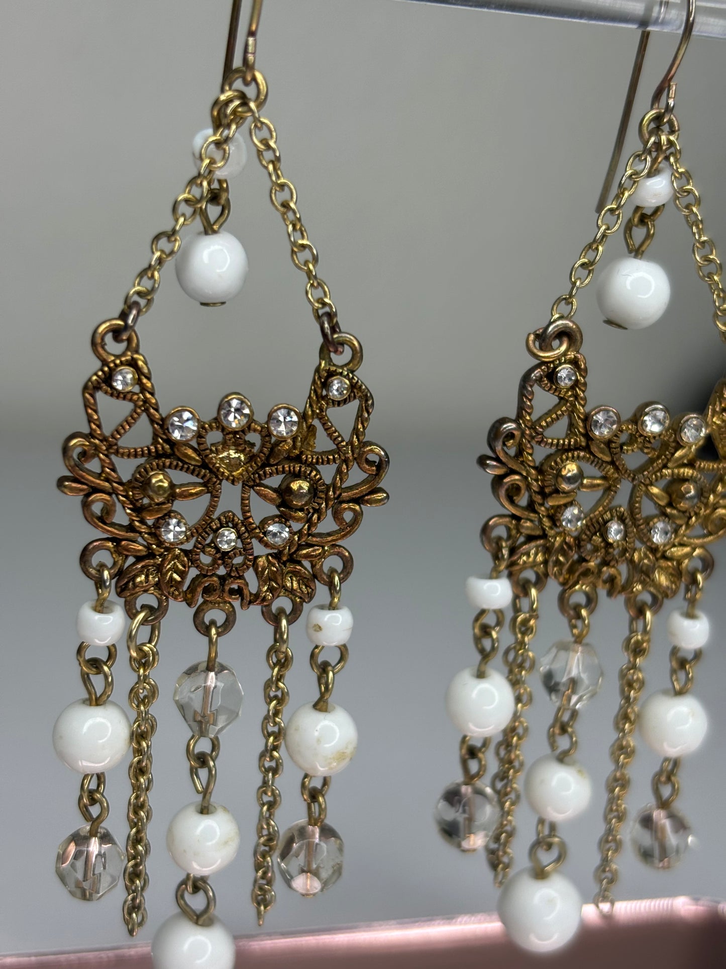 Vintage Gold Tone with White Beads Earrings