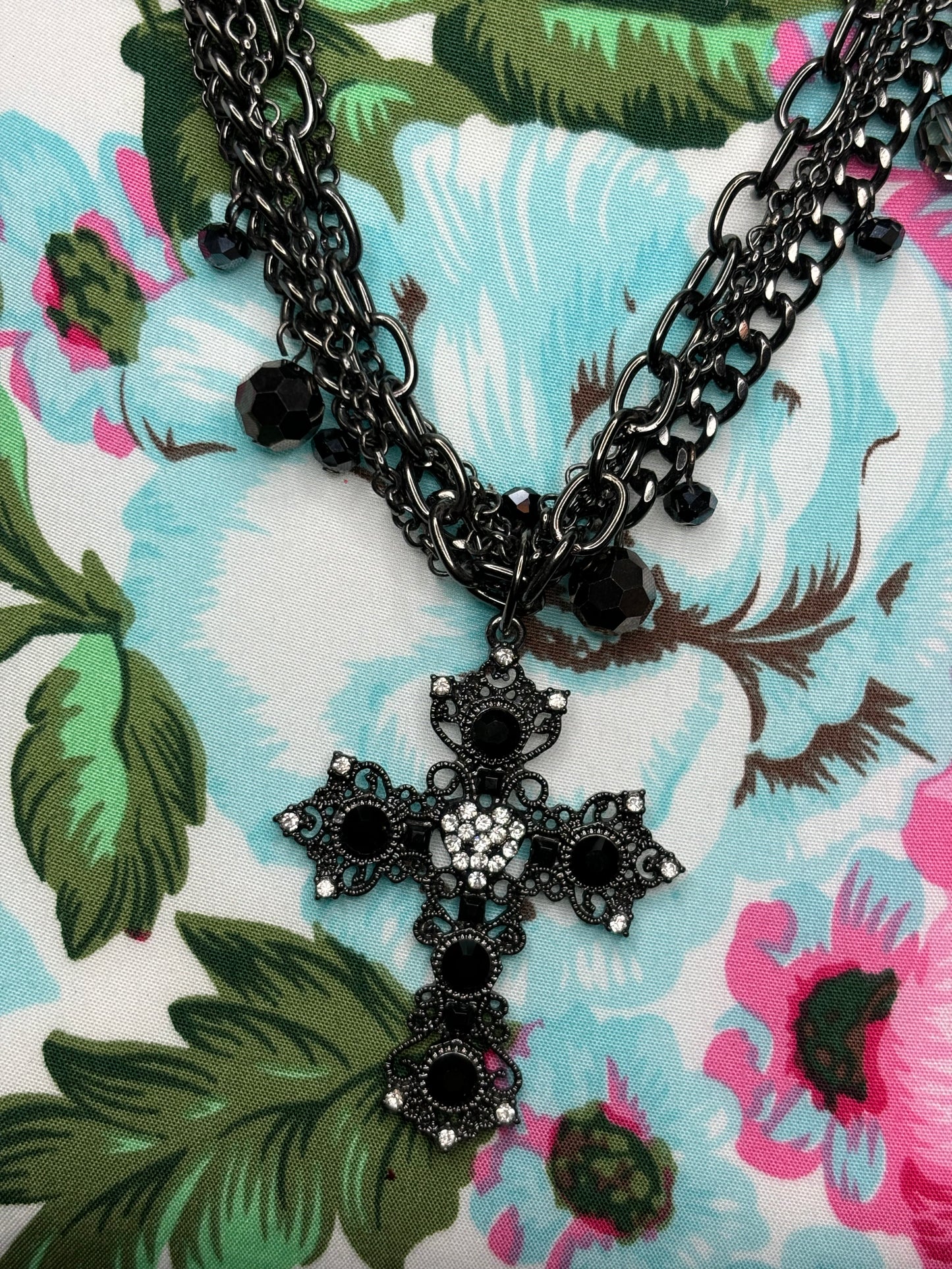 A174 Black Multi Chain and Cross Necklace 18”