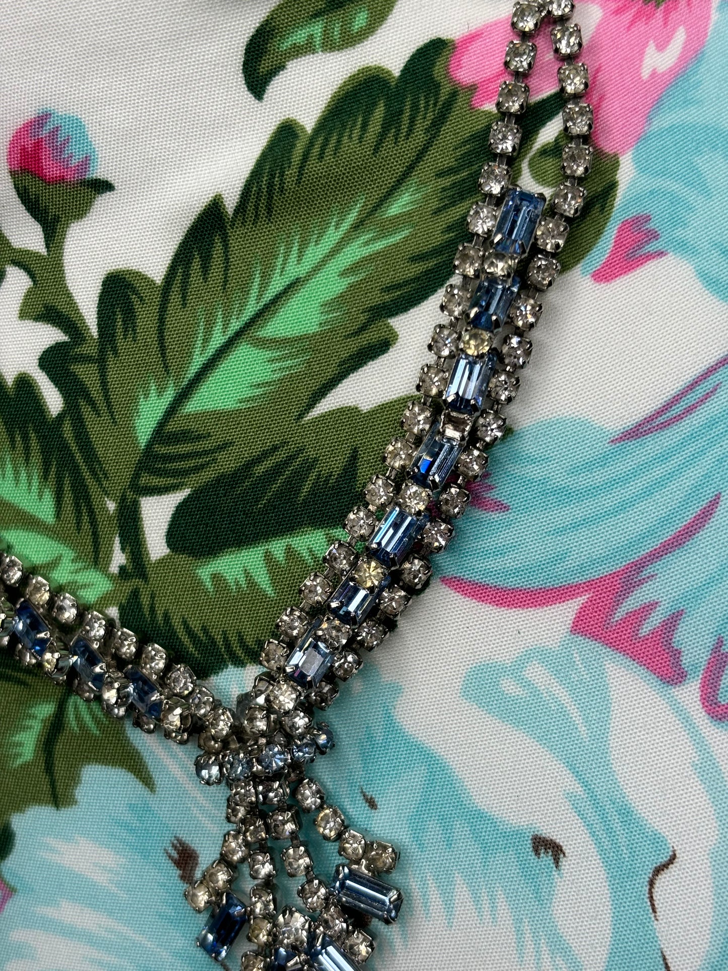 B011 Vintage Blue and Clear Rhinestone Necklace 16”