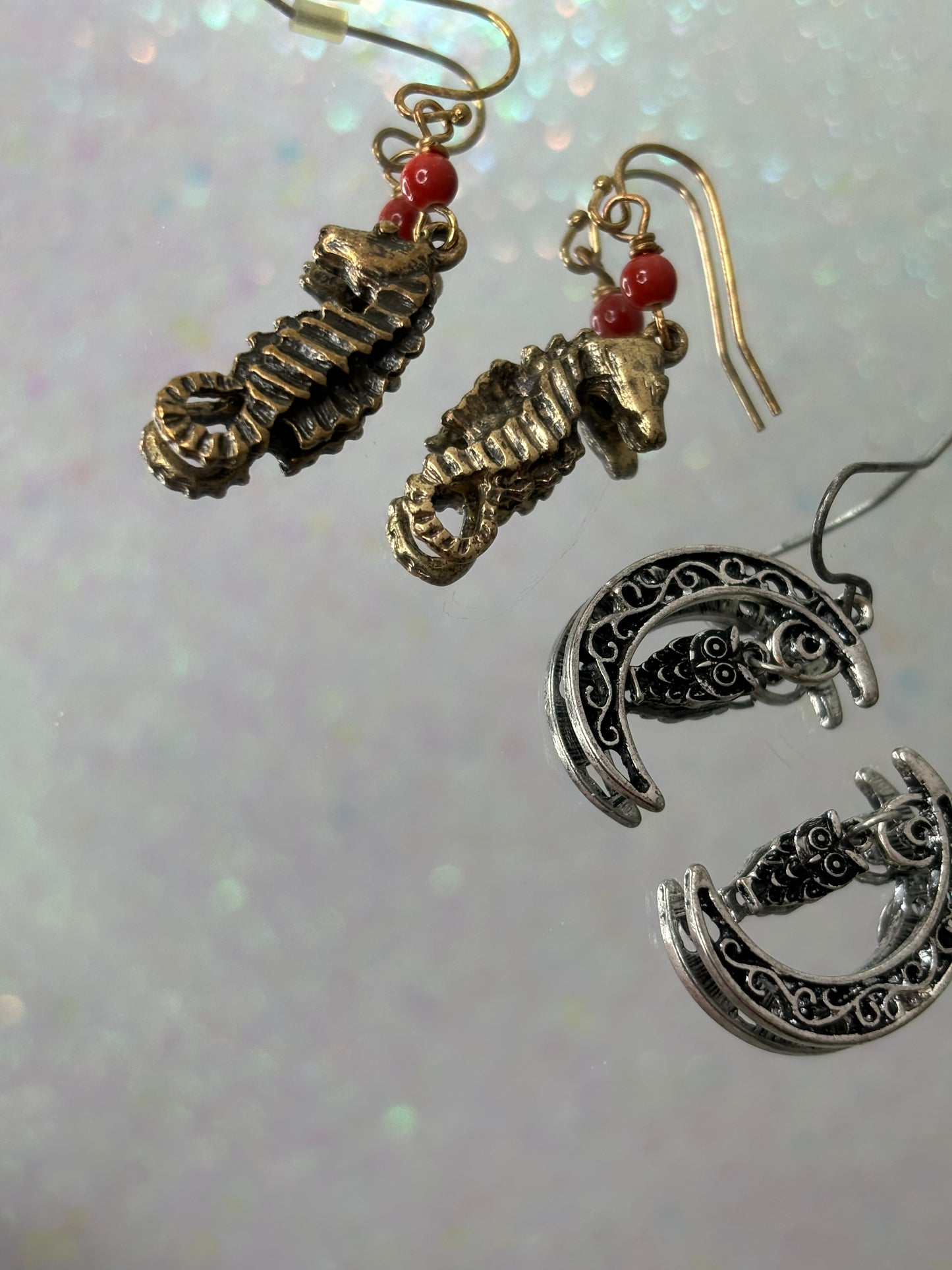 A044 Set of Two Dangle Seahorse and Owl Earrings