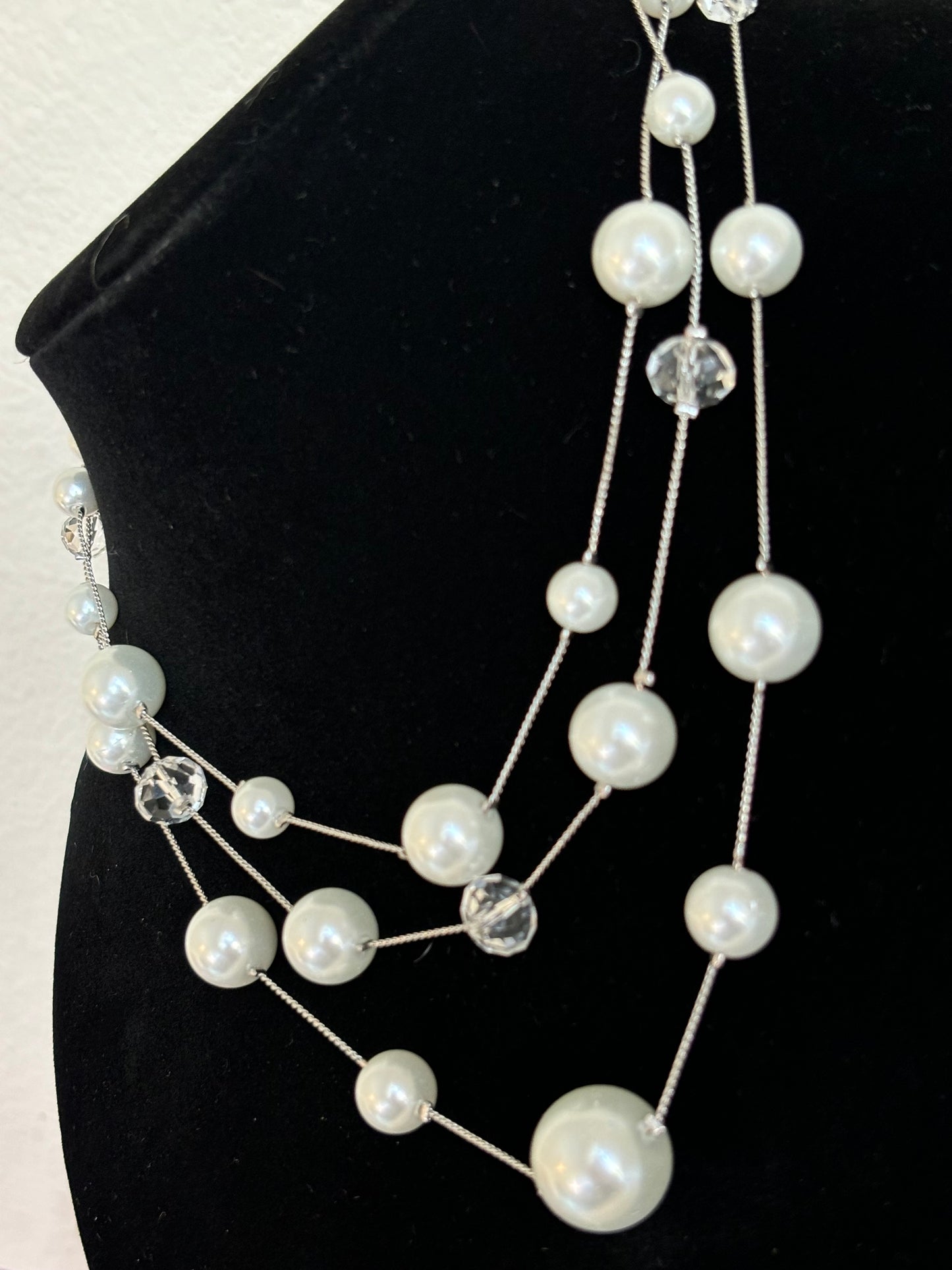 #0092 Silver Toned Pearl and Beaded Multi-Layered Necklace