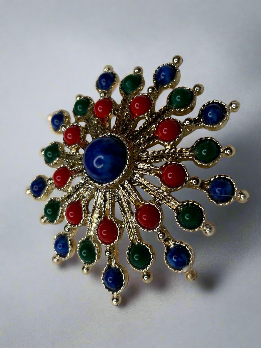 A260 Vintage Sarah Coventry Gold Tone Carnival Brooch 1970s Red Green Blue Stones