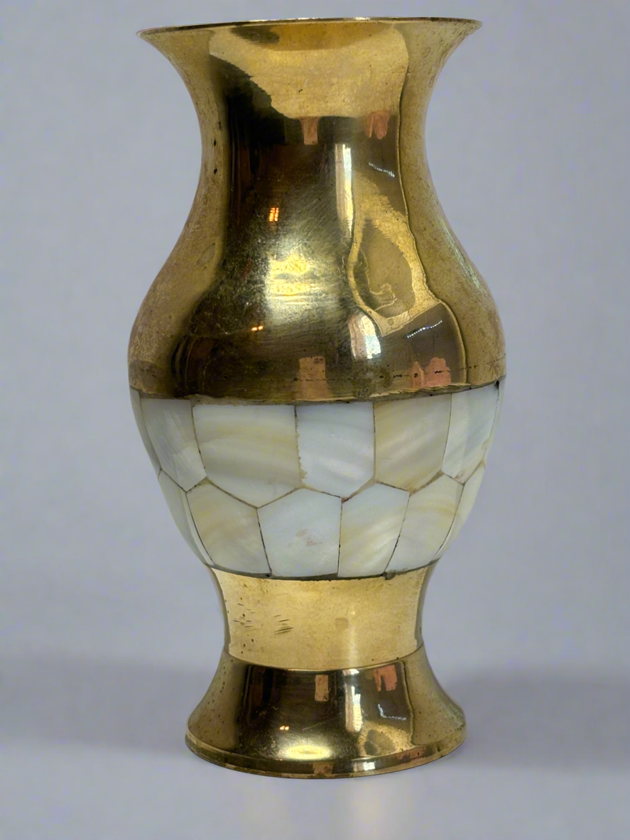 A020 Small Brass and Mother of Pearl Vase 5”