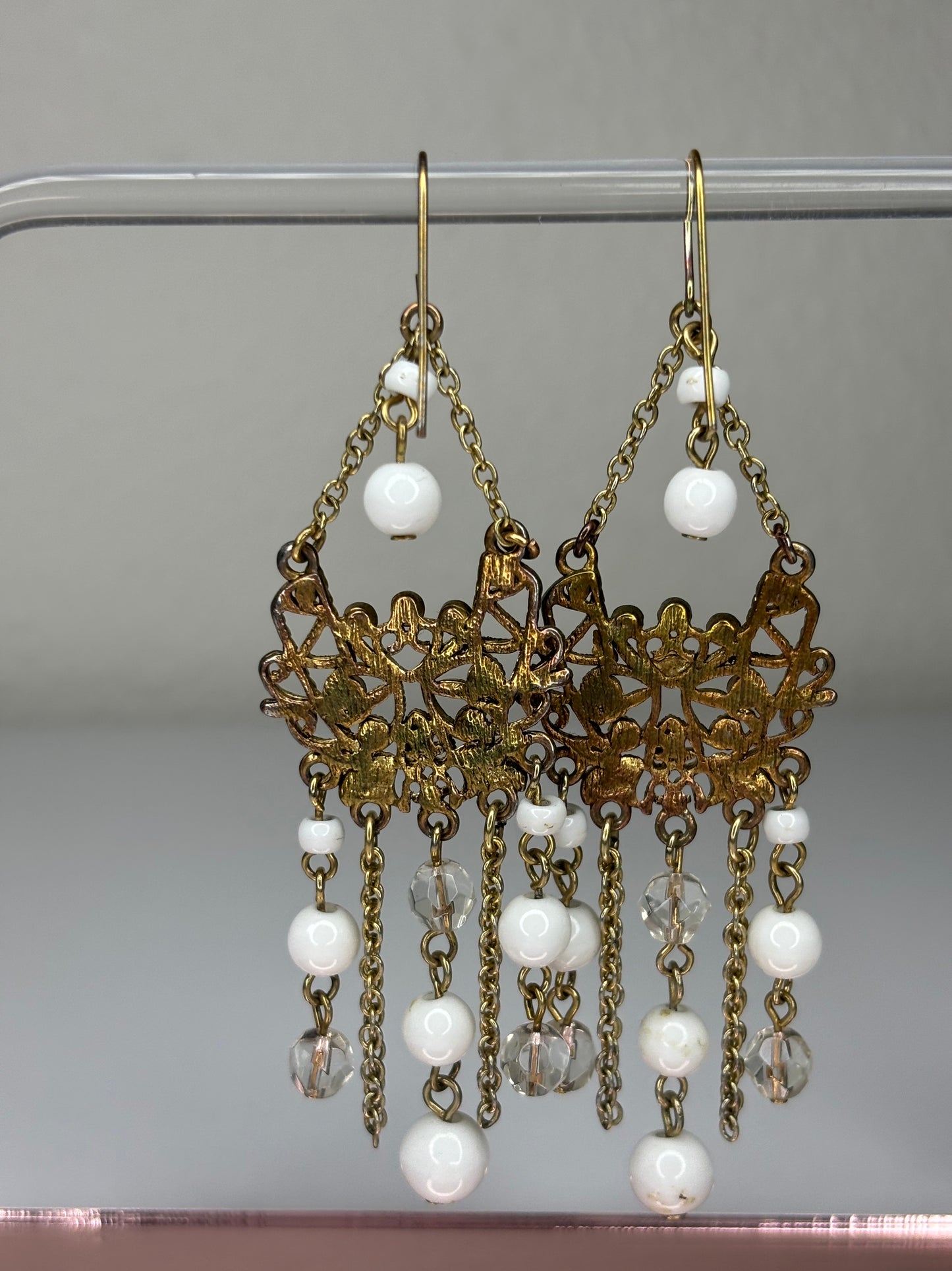 Vintage Gold Tone with White Beads Earrings