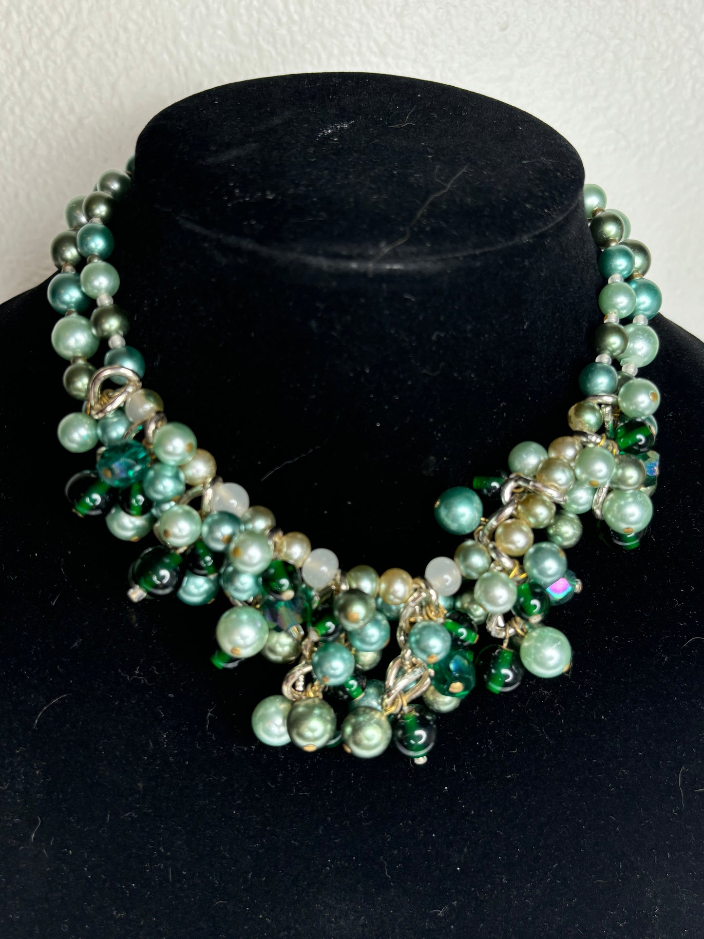 Vintage “Japan” Stamped Green Faux Pearl Chunky Necklace