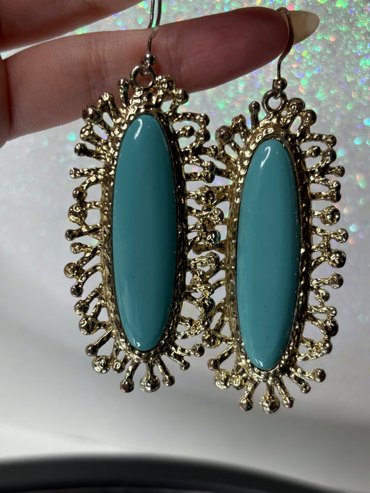 A052 Large Turquoise and Gold Tone Drop Earrings