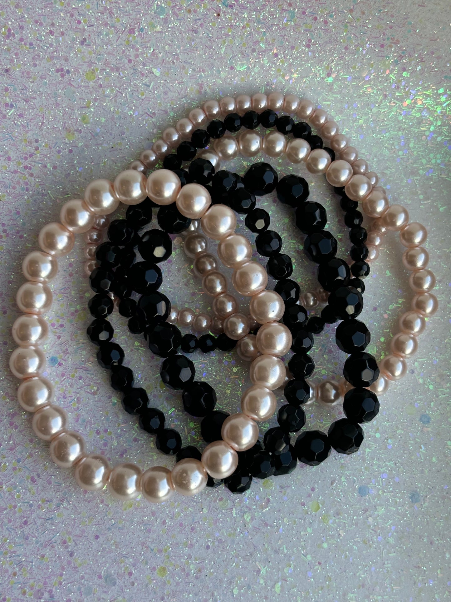 #0072 Stack of Black & Pink Pearls/Beads