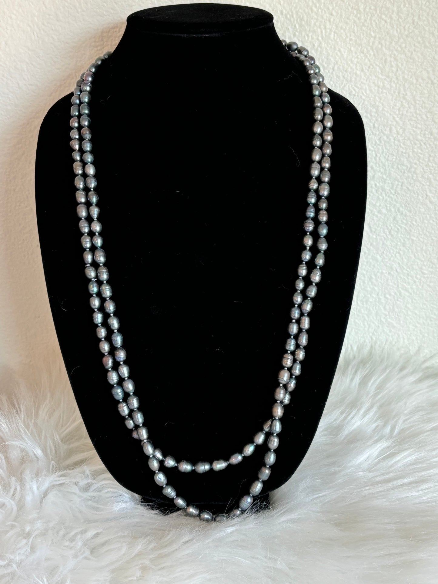 #0052 62” Grey/Black Genuine Potato Pearls Necklace Long