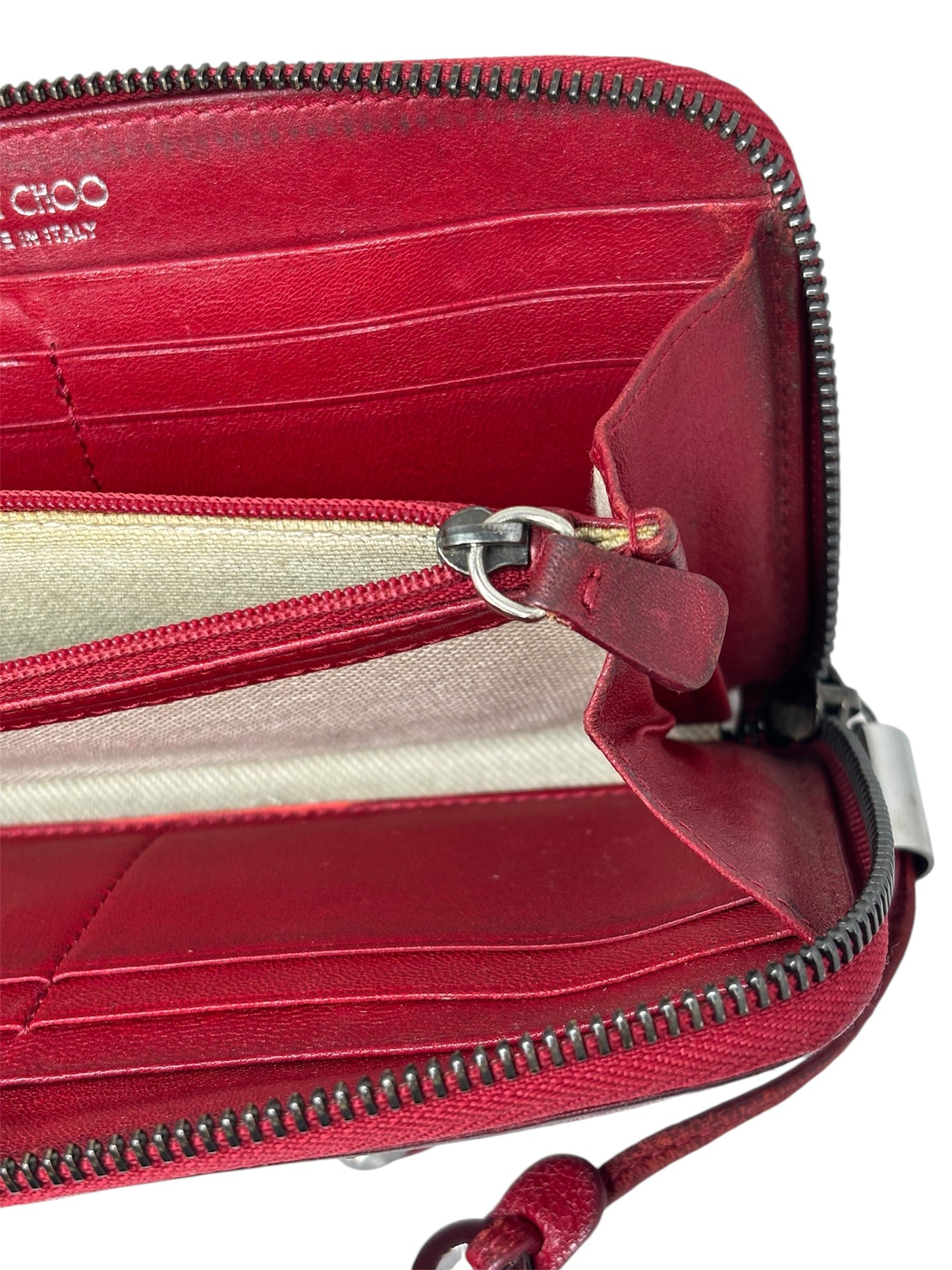 Authentic Jimmy Choo Rebel collection, mid-2010s Red Star-Studded Leather Zip-Around Wallet