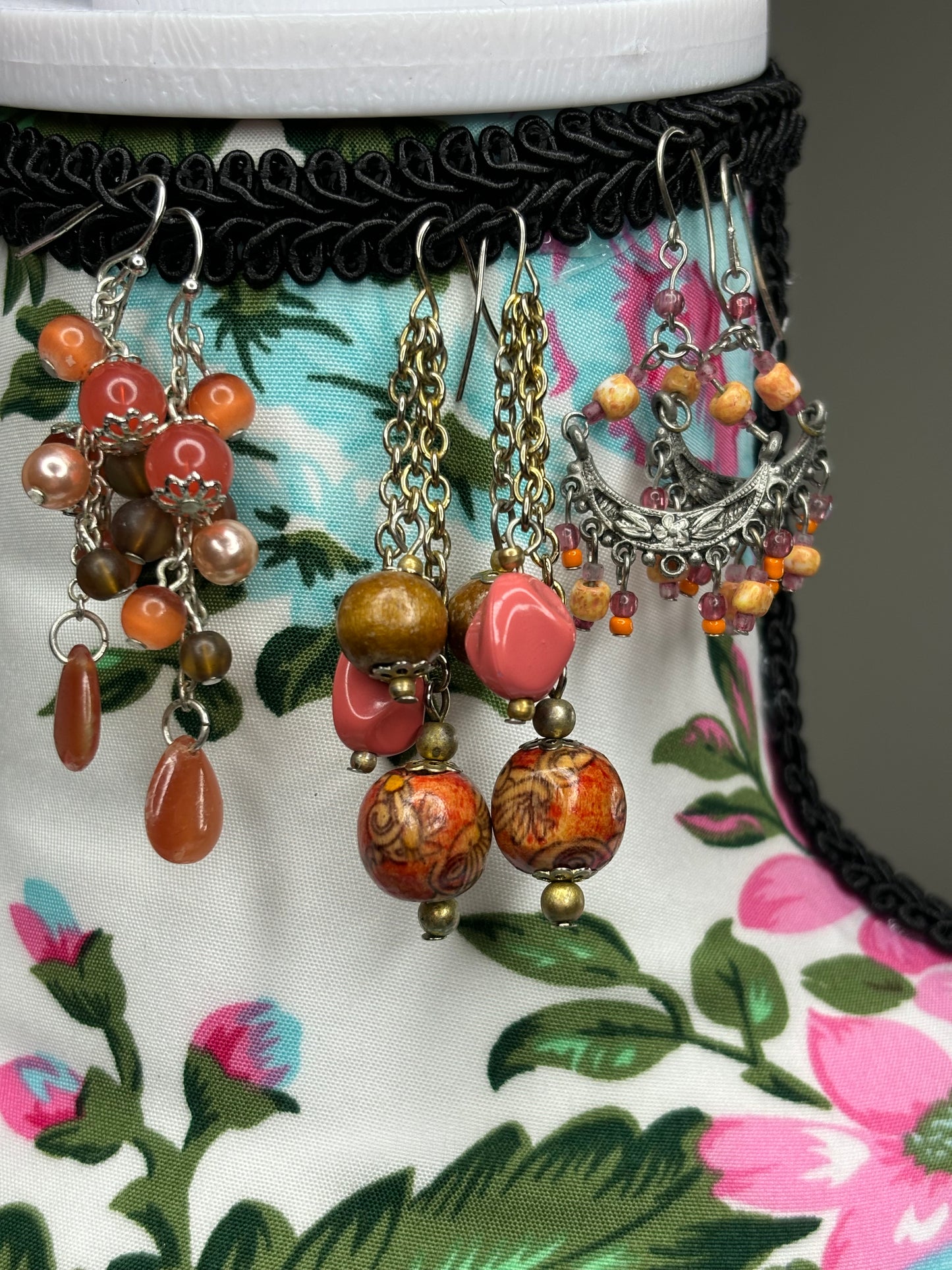 B012 Set of Red/Orange Stone and Bead Earrings