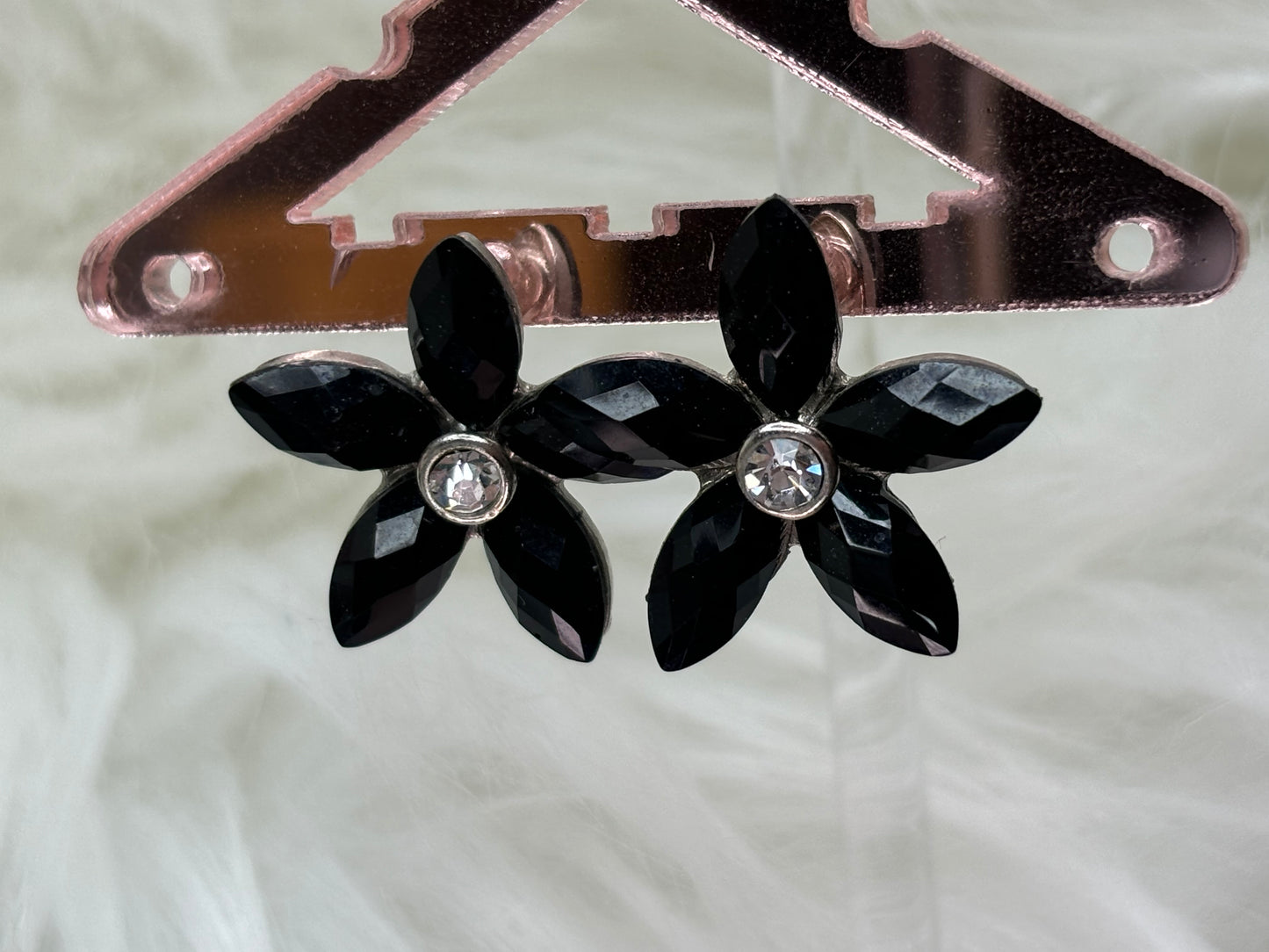 A148 Black Stud Flowers Silver Tone Earrings