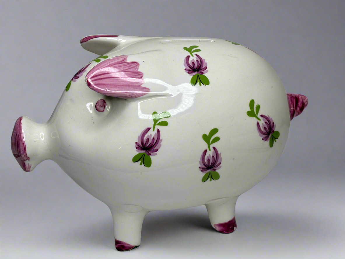 Vintage Ceramic Piggy Bank Hand Painted Pink Flowers